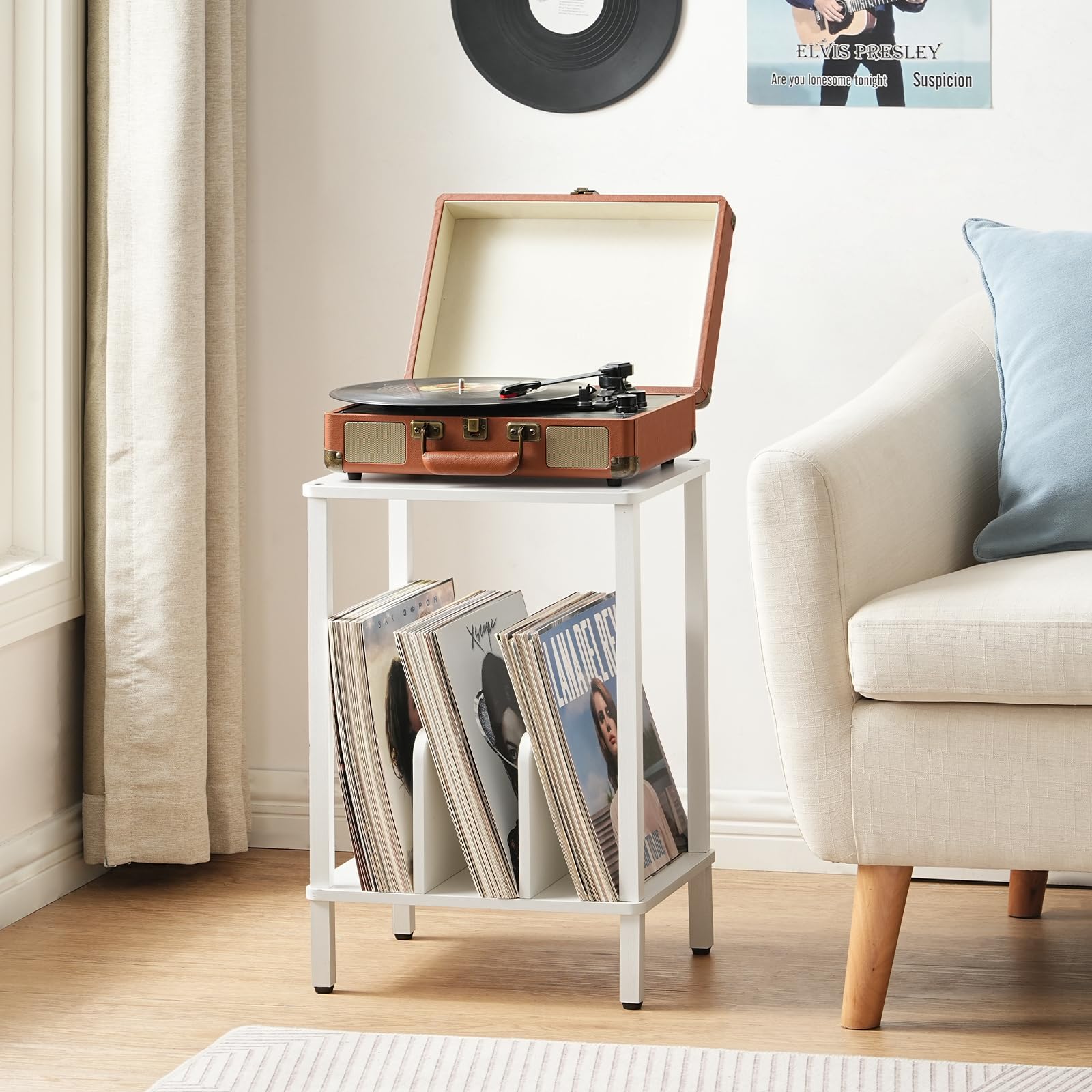 HOOBRO Plattenspieler Ständer, 2 Ebenen Schallplatten Regal, Beistelltisch, Plattenregal mit Trennwänden, Aufbewahrung von Schallplatten, bis zu 100 Alben, für Wohnzimmer, Weiß EWT05RS01