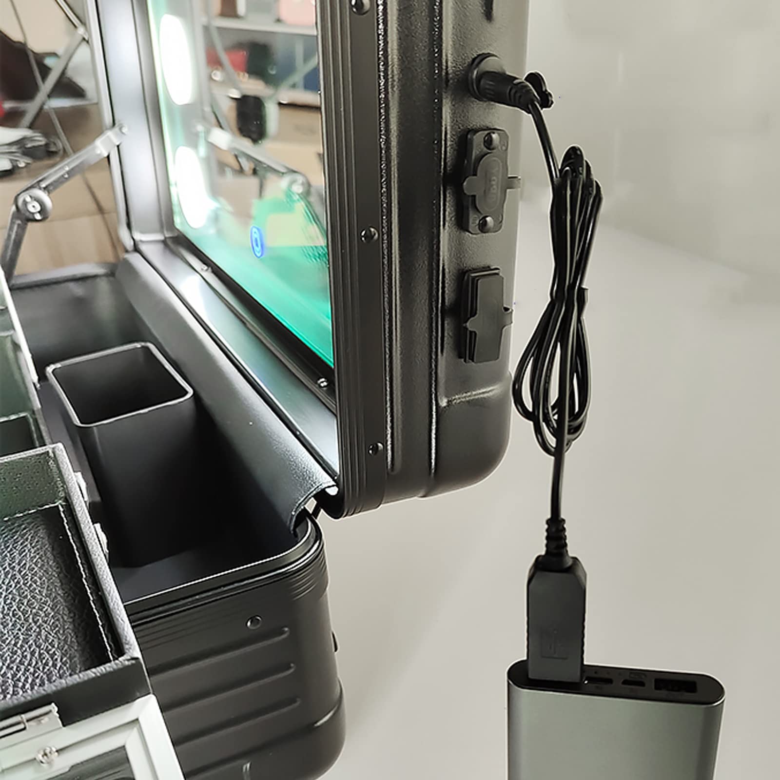 Organizer na kosmetyki do makijażu, wózek na kółkach z 4 kółkami, lusterko LED, zamek szyfrowy, aluminiowa stacja do makijażu, 1 sztuka, Srebrny