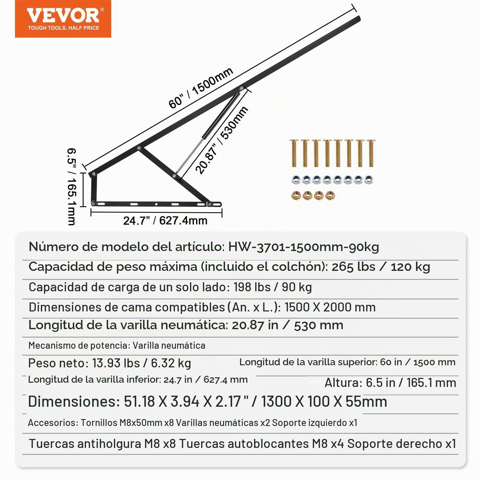 VEVOR Elevador de Cama Compatible de 150 x 200 cm Capacidad de 120 kg Kit de Hardware Mecánico de Cama Palanca Neumática Vertical de Lujo Soporte de Cama Resistente para Habitación de Invitados