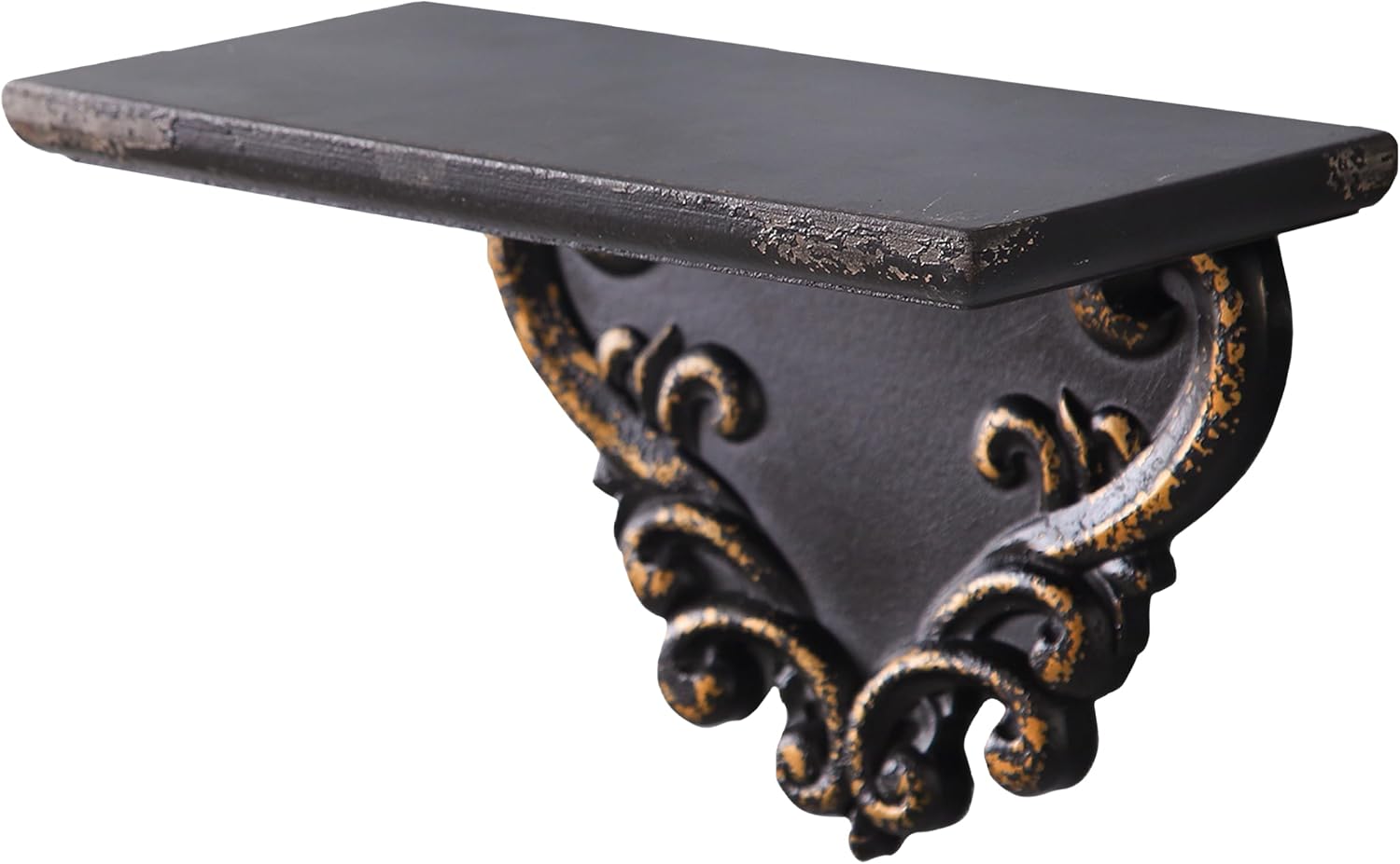 SOFE Antique Black & Gold Wood Shelves for Wall - 12 Inch Long Display Shelf Wall - Small Floating Shelving for Entryway Living Room Bathroom Wall Decor - Baroque Scroll Carving Bracket
