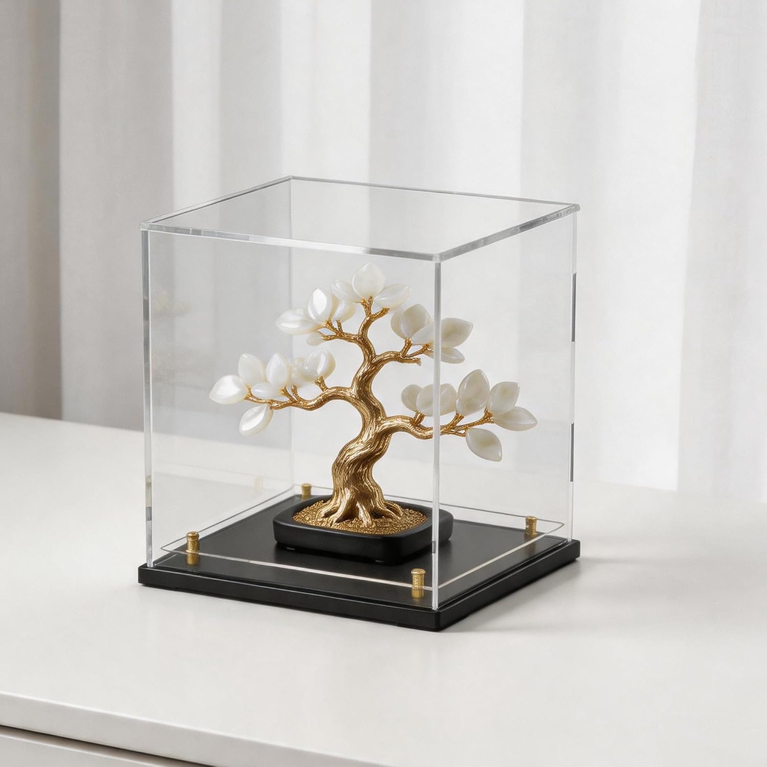 Acrylic Display Case with Raised Shelf, Clear Display Box with Black Base & Gold Standoffs, Dustproof Showcase for Collectibles, Figures, Model Cars – Easy Assembly (10×10×10 Inch)