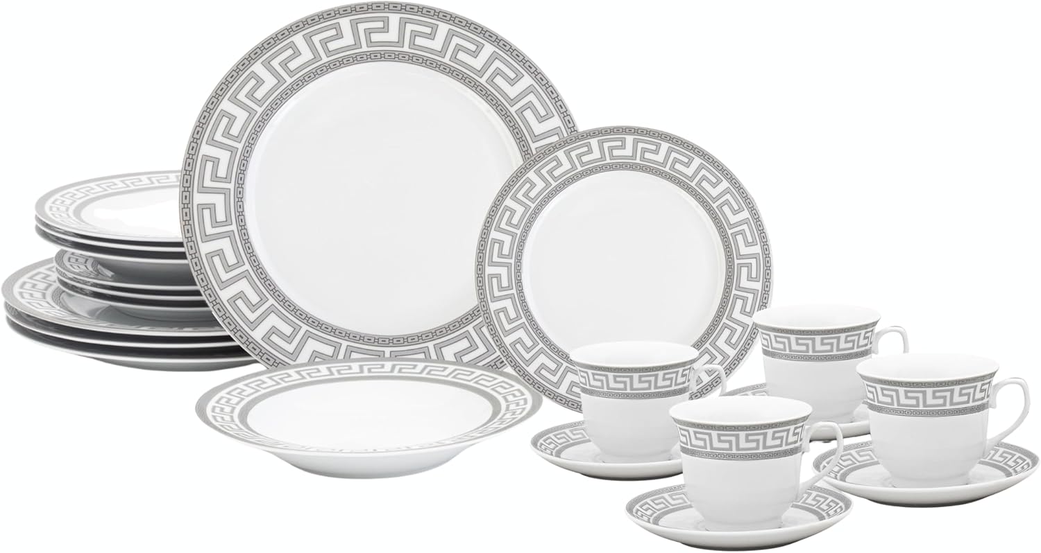 Luxurious 20 Piece Dinnerware Set - Service for 4 - Vintage Silver Greek Key Edge Design - Elegant Ceramic Plates and Bowls - Classic Dish - Kitchen Plates Set for 4 (Meander Silver 2020)