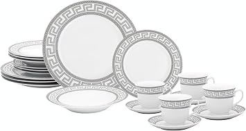 Dinnerware Set for 4-20 Piece Porcelain Dish Set - Elegant Meander Silver