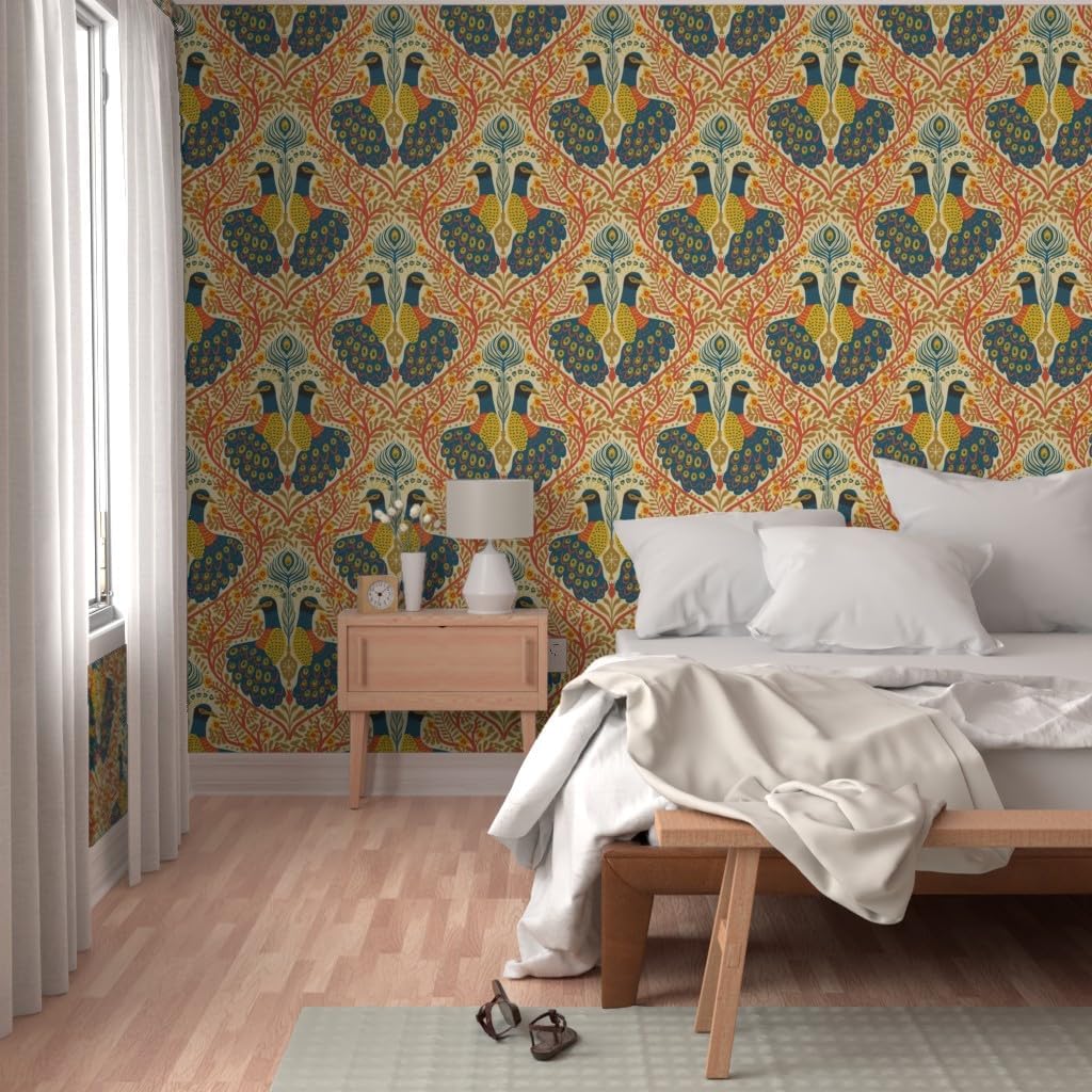 Spoonflower Peel & Stick Wallpaper 3ft x 2ft - Boho Peacock Art Nouveau Maximalist Warm Rust Orange Large Scale Colors Teal Blue Exotic Animal Custom Removable Wallpaper