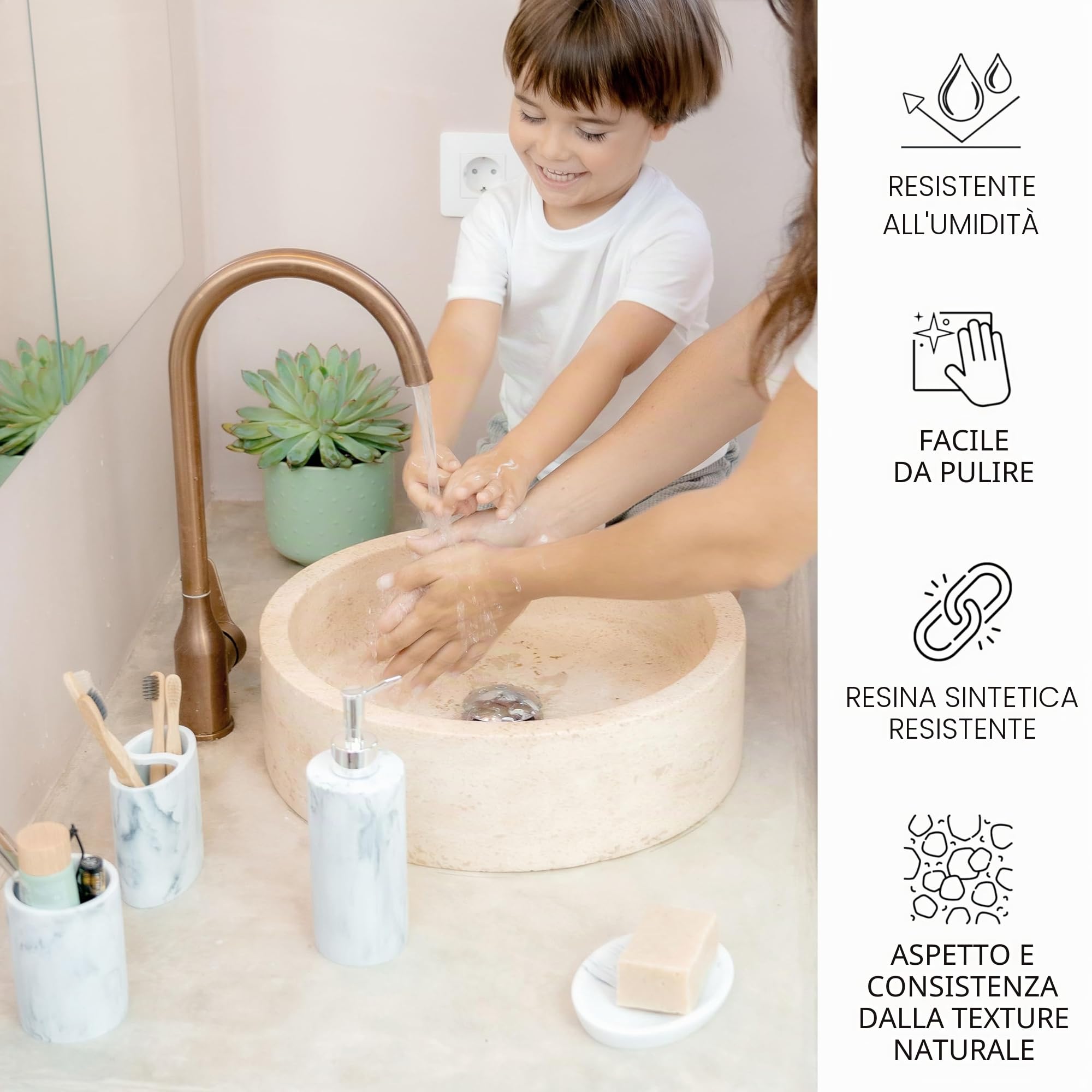ZCCZ Set di accessori da bagno 4 pezzi, accessori decorativi per il bagno con dispenser di sapone, portaspazzolino, bicchiere da bagno, portasapone, effetto marmo, set di accessori da bagno bianco