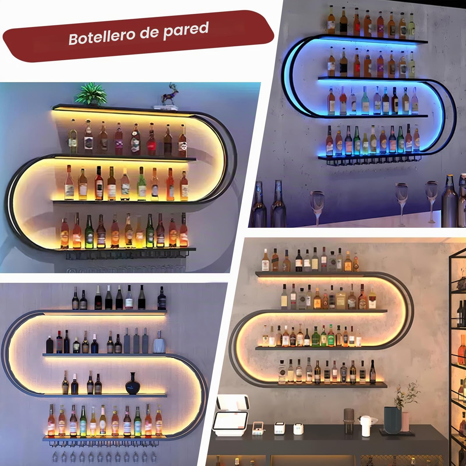 Botellero de Pared, Botellero Semicircular 4 Niveles Estante Bar Flotante con Ganchos para Copas de Vino, Estante Industrial de Metal para Exhibir Botellas Adecuado para Bar Decor (Negro, 120cm)