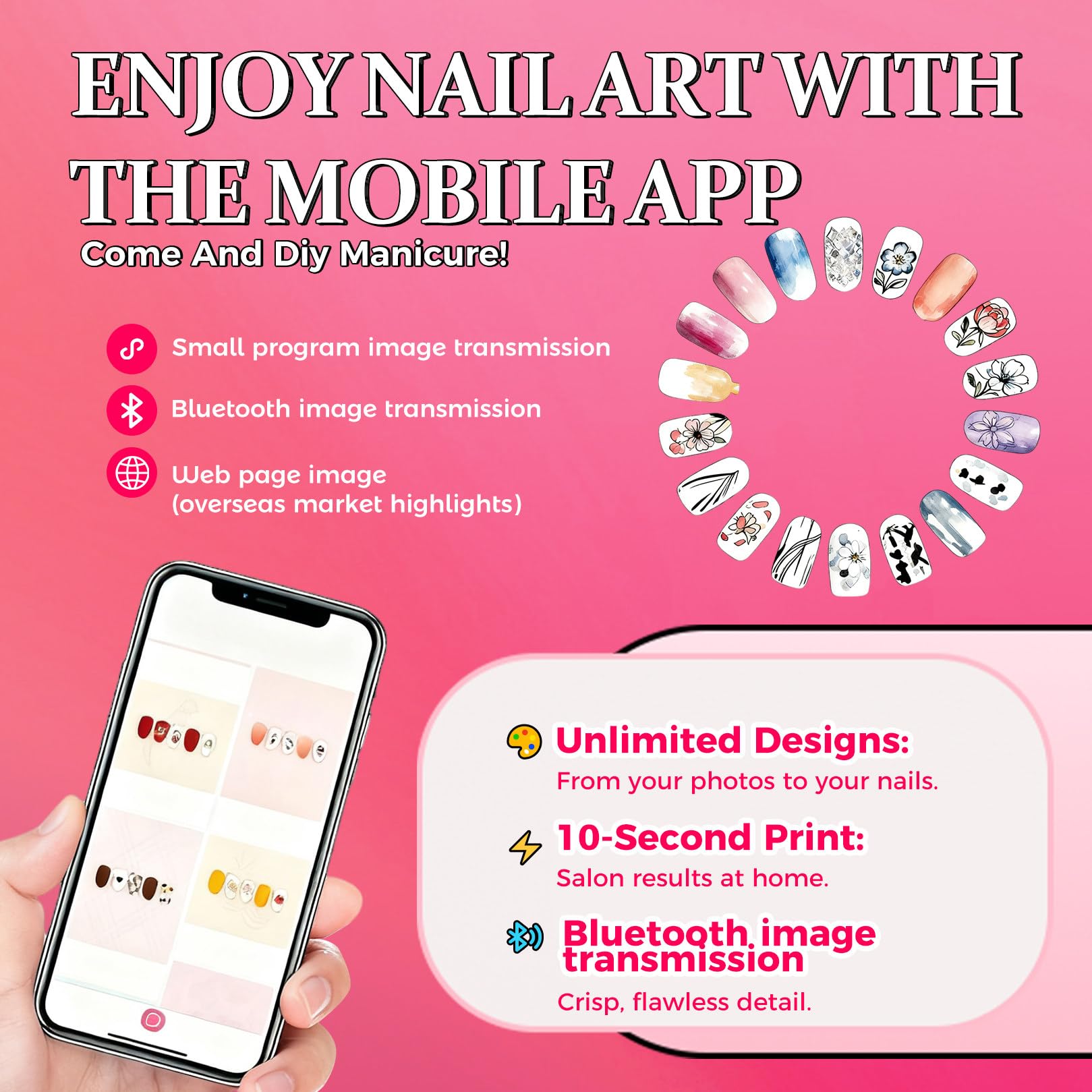Stampante per Unghie Gel, Stampante per Unghie Elettrica, Disegno rapido 10s, Stampante per Unghie con App e Bluetooth, Stampante per Unghie Professionale, per DIY,Studi per Unghie Pink