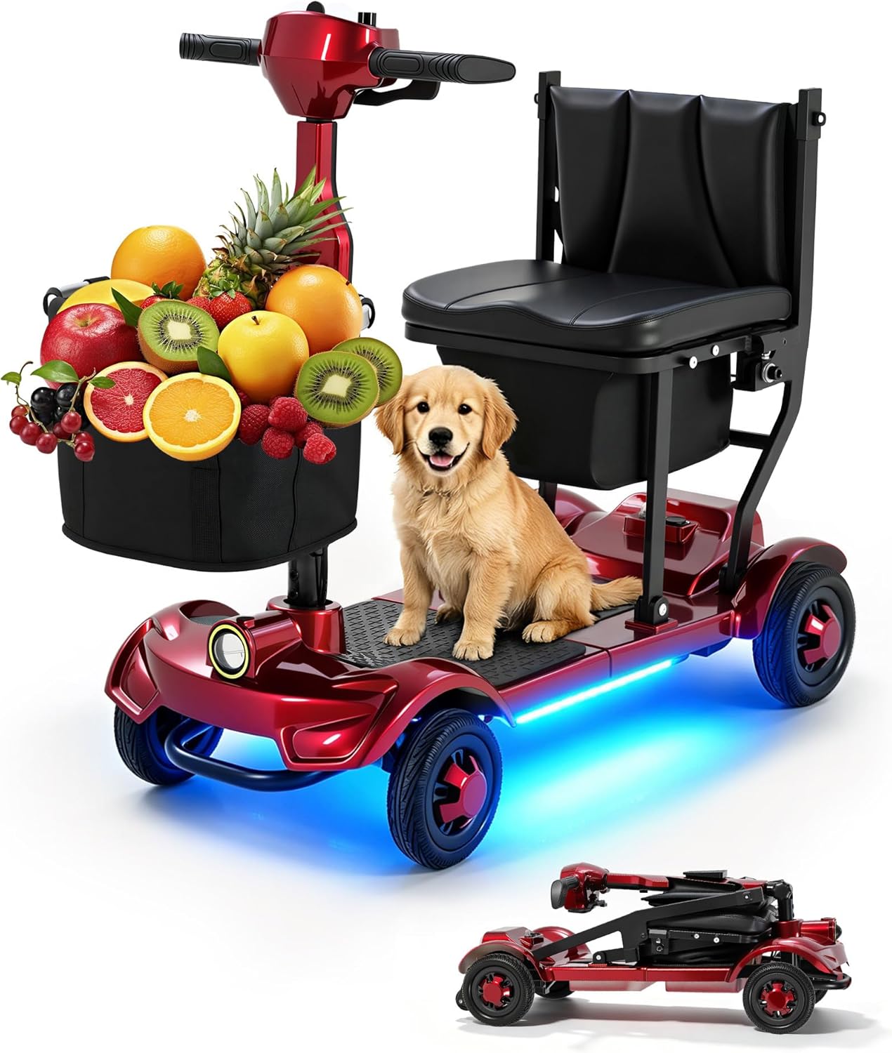 Lightweight Mobility Scooter for Seniors & Adults, 41 lb Foldable Portable Motorized Scooter with Airline-Friendly 12Ah Lithium Battery, 12/24 Mile Range, 300 lb Capacity, LED Lights & 4 Storage Areas