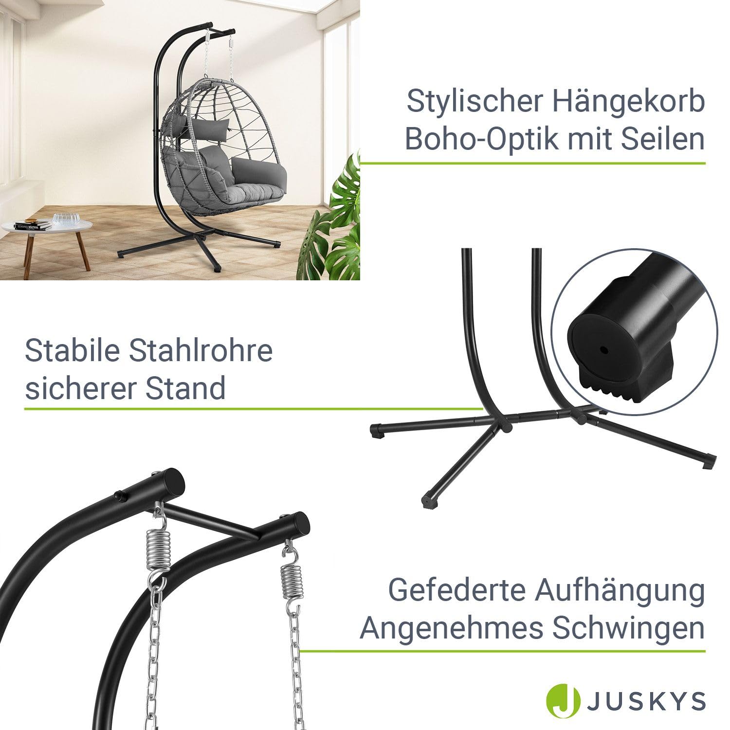Juskys® Sillón colgante doble Aria – Silla colgante de poliratán con estructura y cojín – columpio para dos personas – Sillón exterior interior – cesta XXL gris