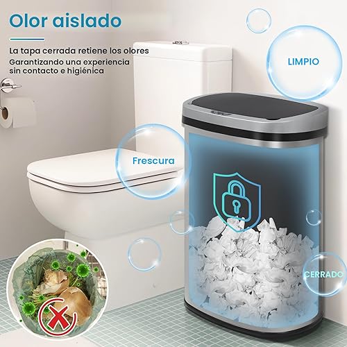 Miniatura 6 de Basurero Dkeli para cocina baño dormitorio hogar oficina automática sin tacto de alta capacidad con tapa acero inoxidable cepillado con acero