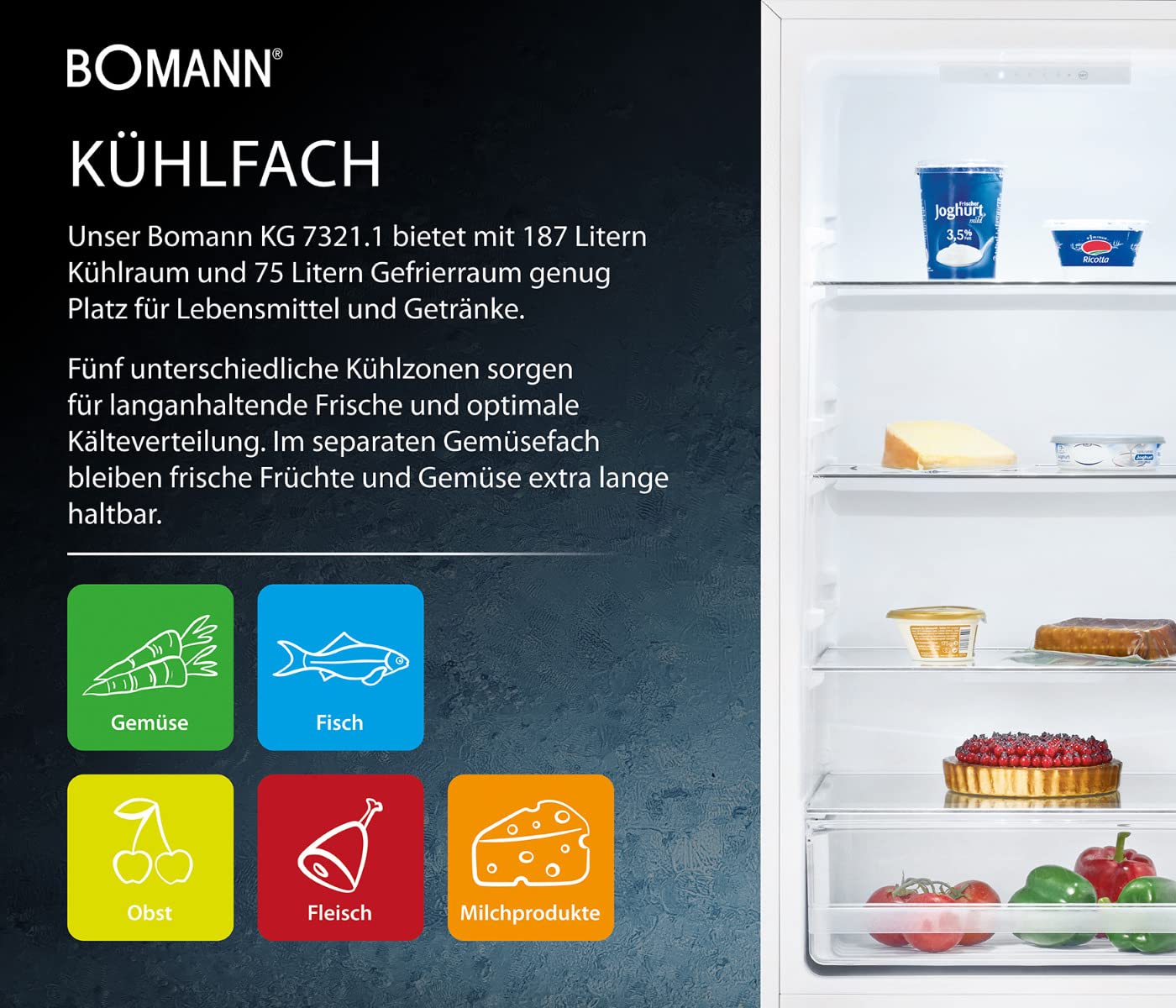 Bomann® Lodówko-zamrażarka, pojemność użytkowa 269 l – chłodzenie: 198 l | zamrażanie: 71 l, energooszczędna, cicha praca 39 dB, LED, wymienne zawiasy drzwiowe, wysokość: 180 x szerokość: 55 x