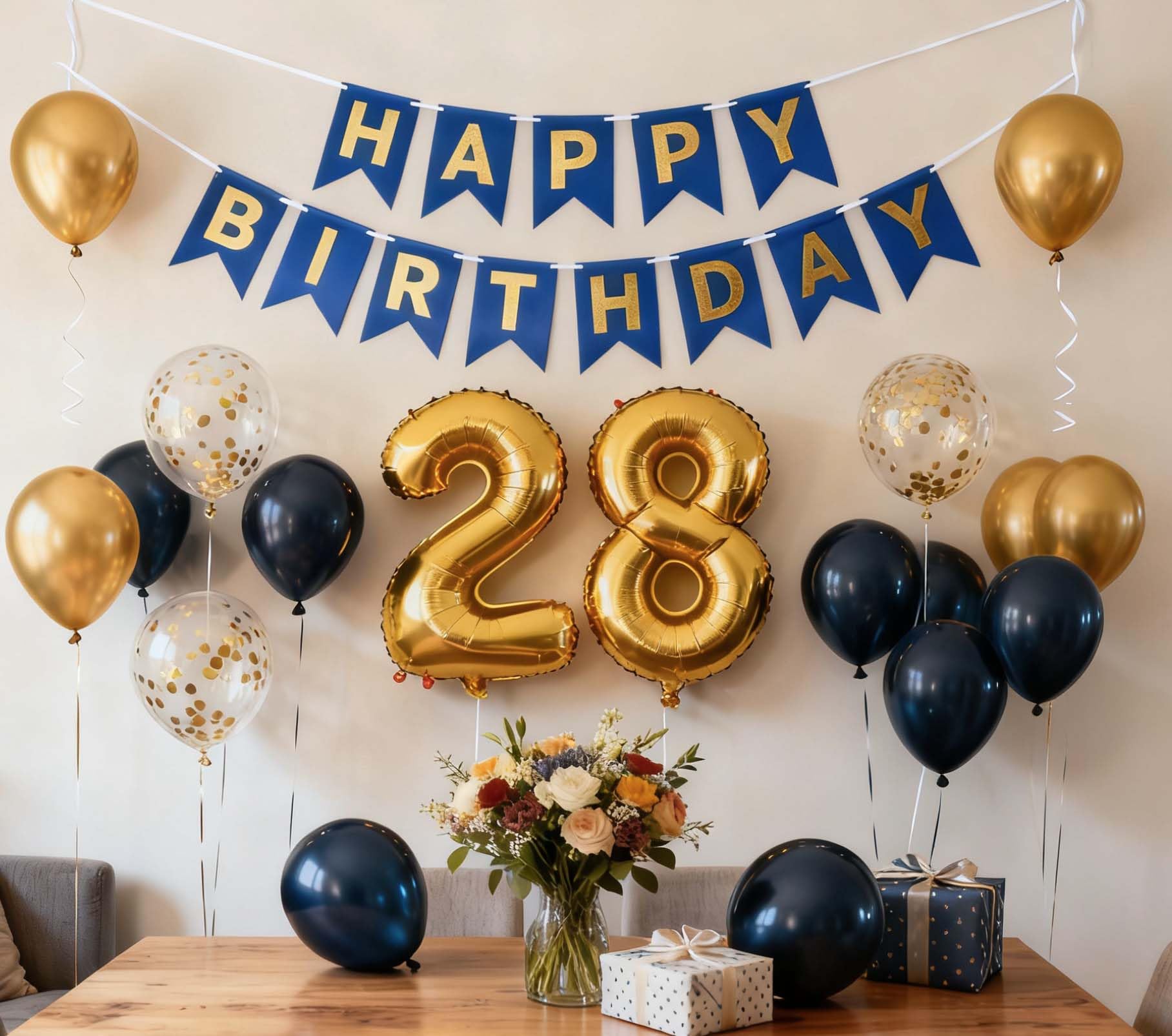 28th Birthday Decoration for Men, Navy Blue Gold 28th Party Balloons Supplies, 28th Happy Birthday Banner Number 28 Foil Metallic Confetti Balloons