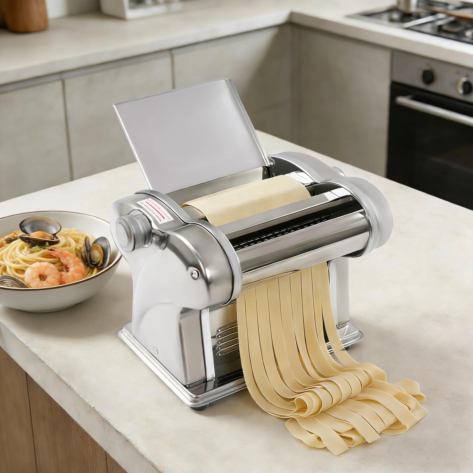 Elektrische Nudelmaschine 135W Edelstahl mit 8 Dickenstufen, 2 Klingen | 1,5 & 4mm Klingen, 8 Dickenstufen 0,5-4mm, verbesserte Motorabdeckung, 4 rutschfeste Füsse, für hausgemachte Pasta