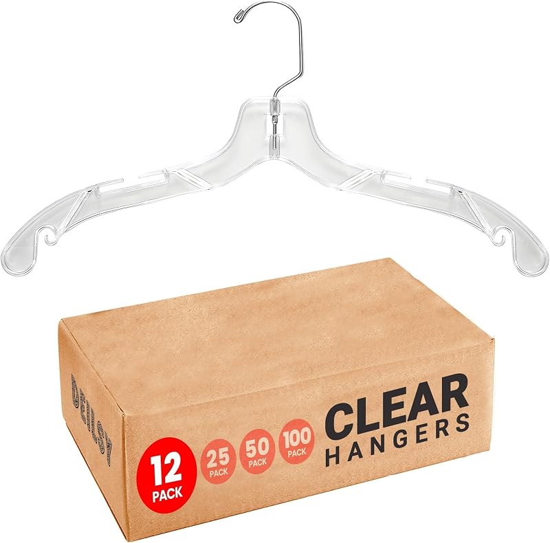 DEILSY™ Clear Plastic Hangers 12 Pack Durable Plastic Shirt Hangers | Versatile clear hangers, plastic hanger with swivel hook, hangers for shirts, dresses, coats, pants and blouses.