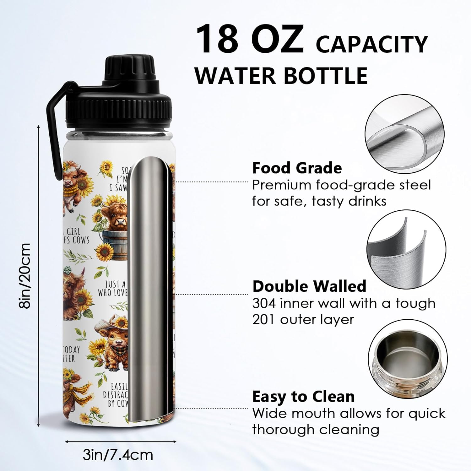 DUUV Highland Cow Water Bottle 18 Oz, Highland Cow Gifts for Women Girls, Christmas Birthday Gifts for Cowgirls, Just A Girl Who Loves Cows Cup, Funny Cowgirl Insulated Bottle - Image 3