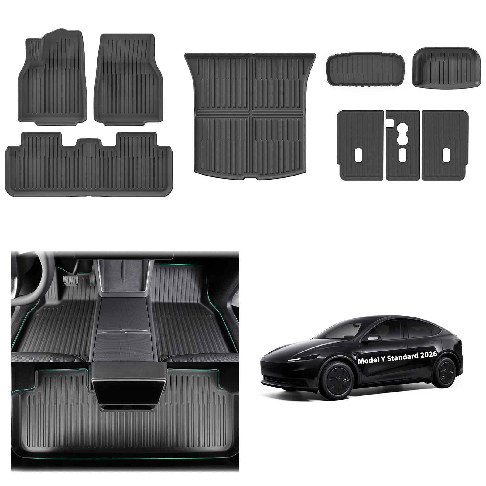 [9 PZS] GAFAT Tesla Model Y Standard 2026 2027 Juniper Alfombrillas Goma + Maletero Juego completo, TPE Todo Tipo de Clima para Suelo & Asientos Traseros & Maletero, Borde Alto 3D OEM, Protección 360°