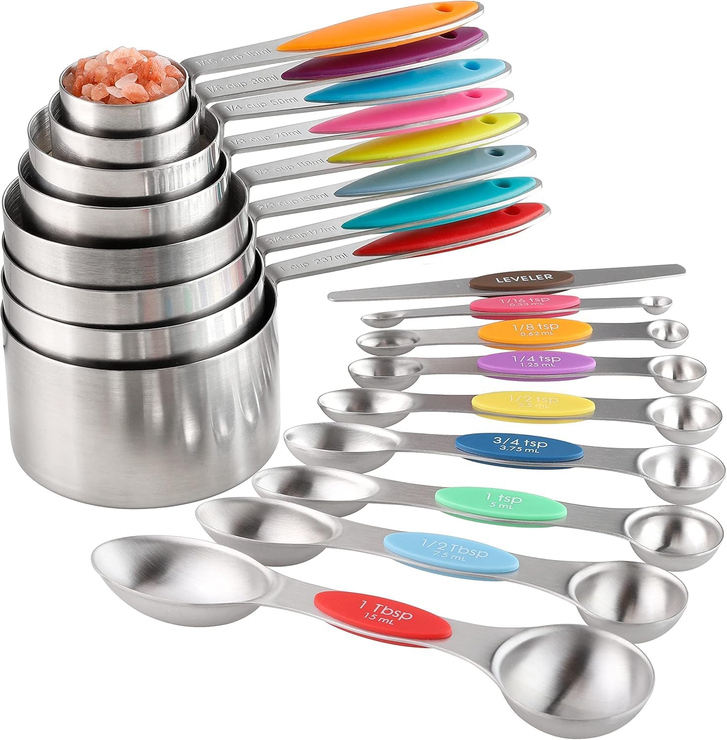 Measuring Cups and Spoons Set Stainless Steel Includes 8 Heavy Duty Measuring Cups 8 Double Sided Magnetic Measuring Spoons and 1 Leveler for Dry and Liquid Ingredients