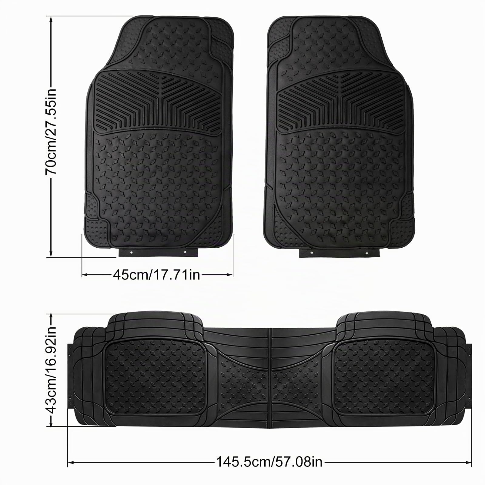Alfombrillas de Goma Universales para Coche, Alfombrillas de Caucho Antideslizantes Ajustables, Juego 4 Piezas, Delanteras 44,5x72 cm, Traseras 43,5x43,5 cm, Color Negro