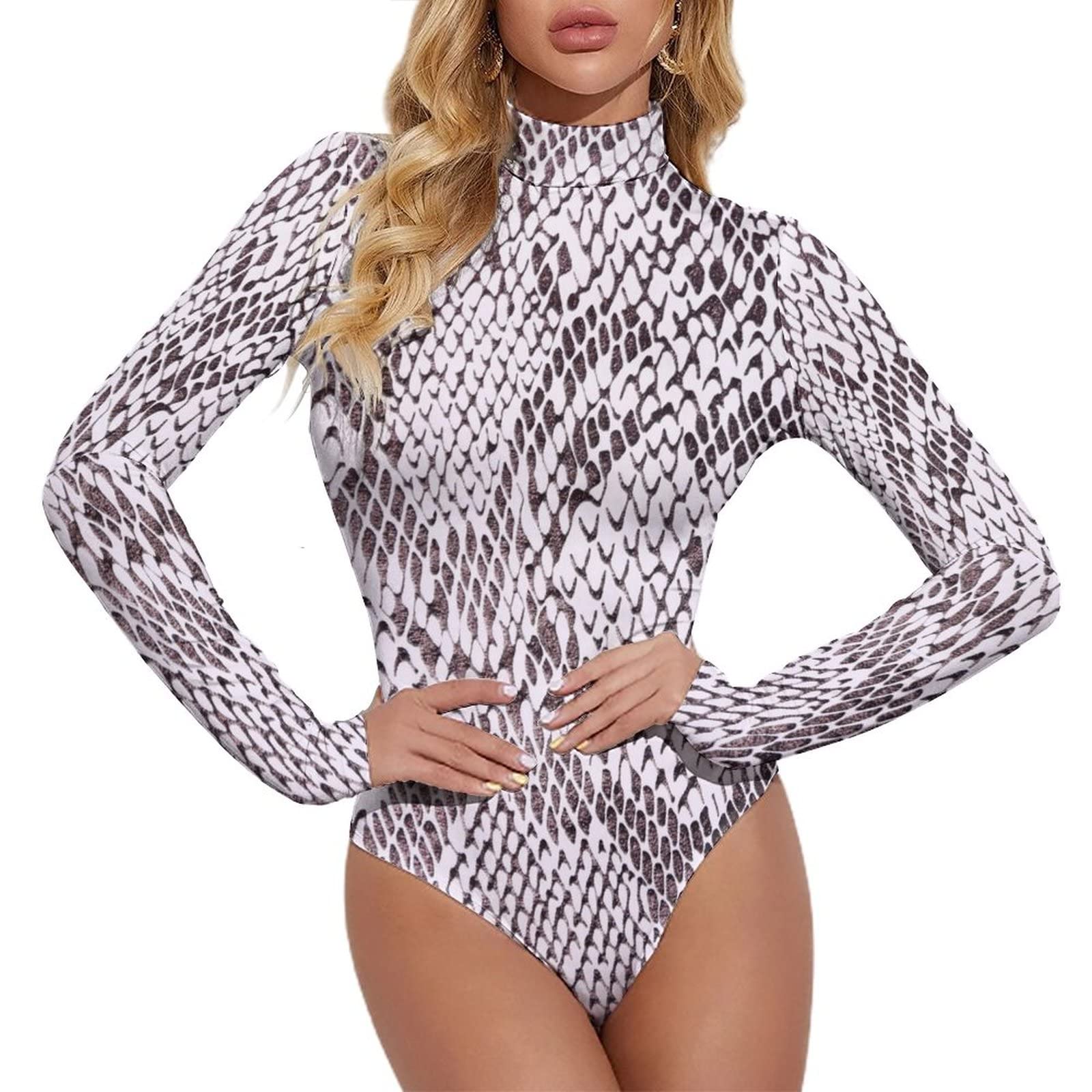 Lurhonp Women's Color2 Snakeskin Bodysuit Tops Mock Neck Long Sleeve Slim Fit Jumpsuit, Small