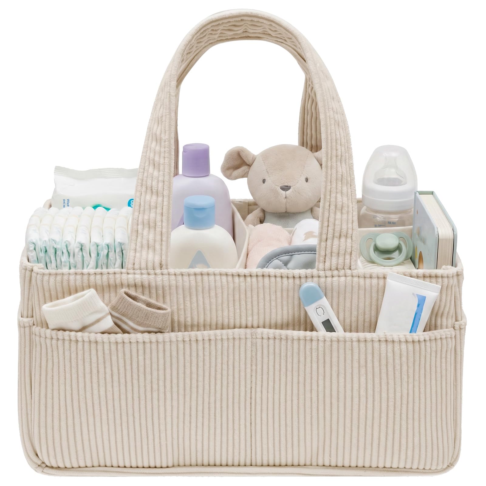 Baby Nappy Caddy Organiser, Corduroy Nursery Storage Basket Portable Baby Caddy with Handle and Pockets, Foldable Nappy Storage for Nappies Bottles, Newborn Essentials Nursery Shower Gifts (Beige)
