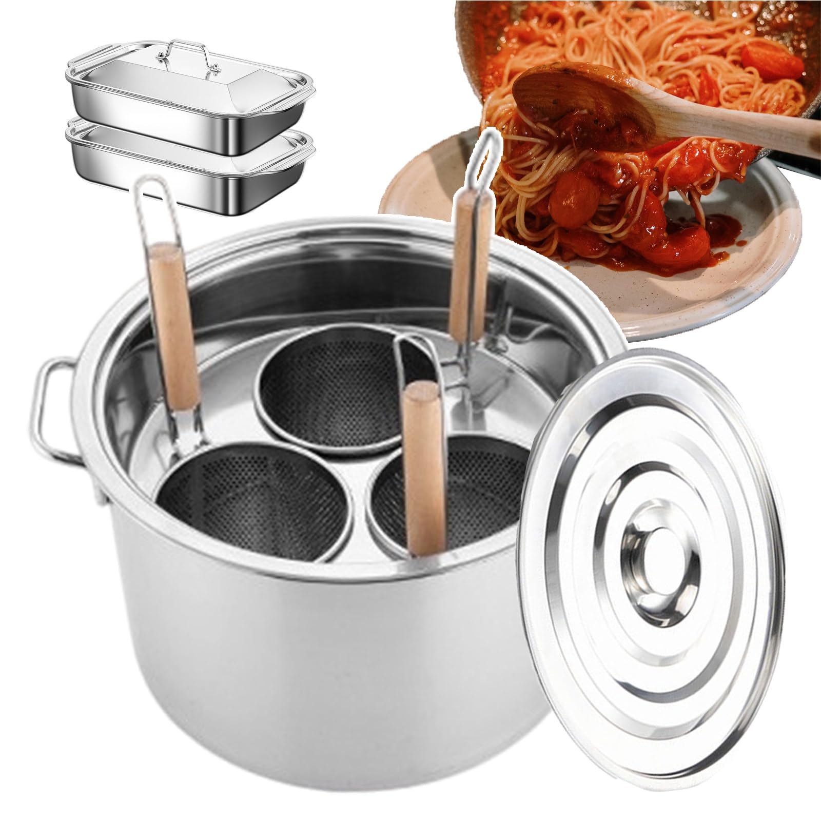 Ensemble de cuiseur à pâtes de cuisine, cuiseur à spaghetti et nouilles et cuiseur vapeur en acier inoxydable, comprend un séparateur à 3/4 trous + une casserole de 35 cm/40 cm + un panier-filtre 3/4