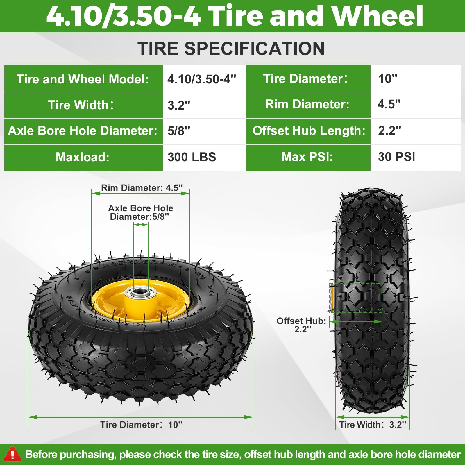 RRQ (2 Pack) 10" Pneumatic Tires, 4.10/3.50-4" Tire and Wheel (Yellow) — Amazon image 2