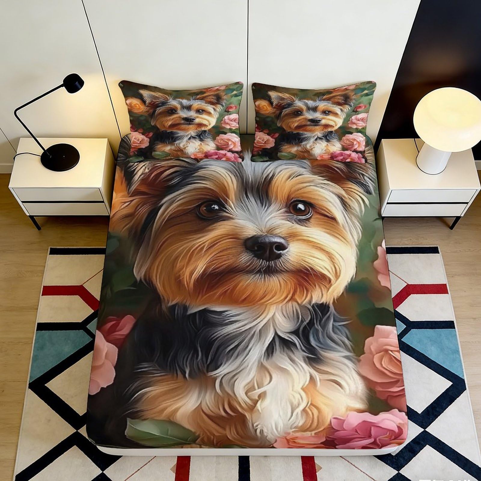 3D Printed Yorkshire Terrier Floral Fitted Sheet Microfiber Soft Breathable Dog Bed Cover for Bedroom Dorm Decor 90x200x25cm