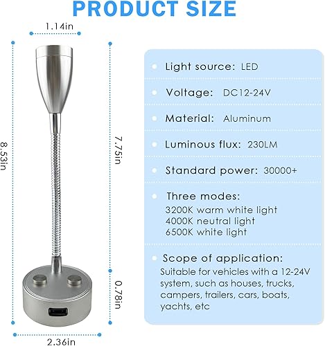 Miniatura 2 de TZnpnor - Paquete de 2 luces LED de noche de 12 a 24 V, puerto de carga USB, cuello de cisne, atenuación táctil, foco giratorio de 360 para cámper,