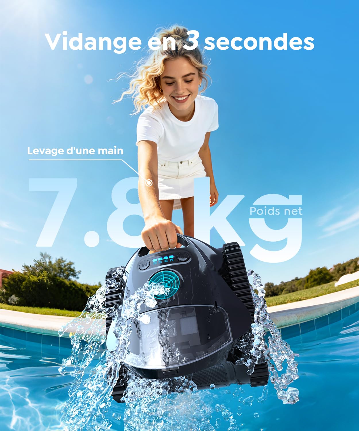 C1 Robot Piscine Fond et Parois (2026 Nouv) | Double filtration, 180 min, 7 modes, App, max 150 m², facile à sortir de l'eau, pour eau douce et salée