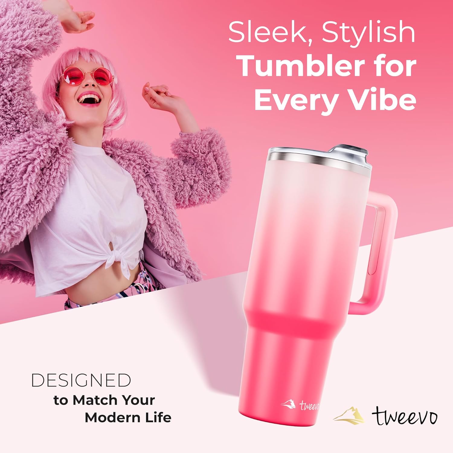 40 oz Tumbler With Handle and Straw Made of Stainless Steel - Double Wall Vacuum Insulated Tumbler With Lid - Sweat Proof Easy Grip, BPA-Free, Dishwasher Safe Tumbler (Misty Pink) - Image 9