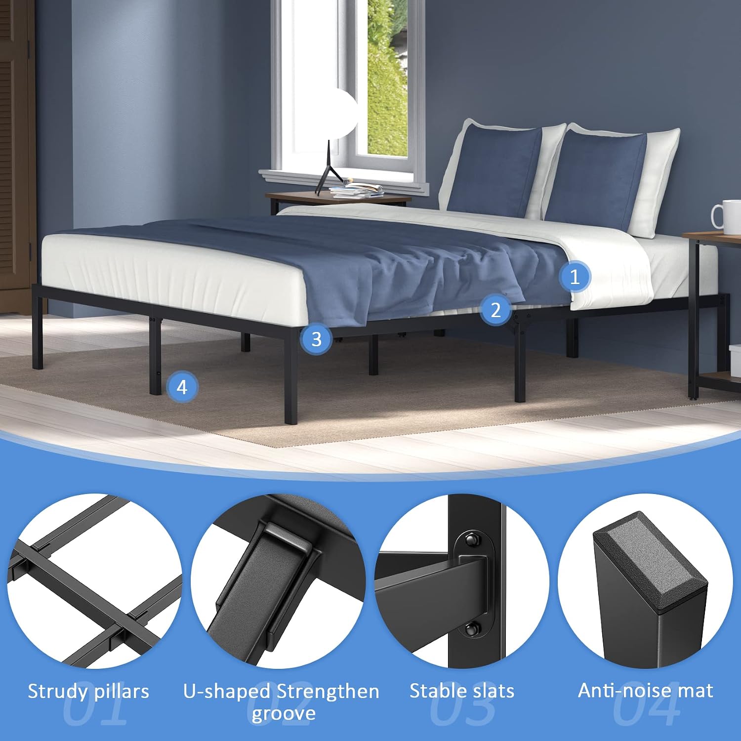 Mr IRONSTONE Queen Bed Frame, 14 Inch Platform Heavy Duty Steel Queen ​Size Bed Frame No Box Spring Needed, Metal Bed Frame with Storage, Heavy Duty Steel Slat, Anti-Slip Support, Quick Install