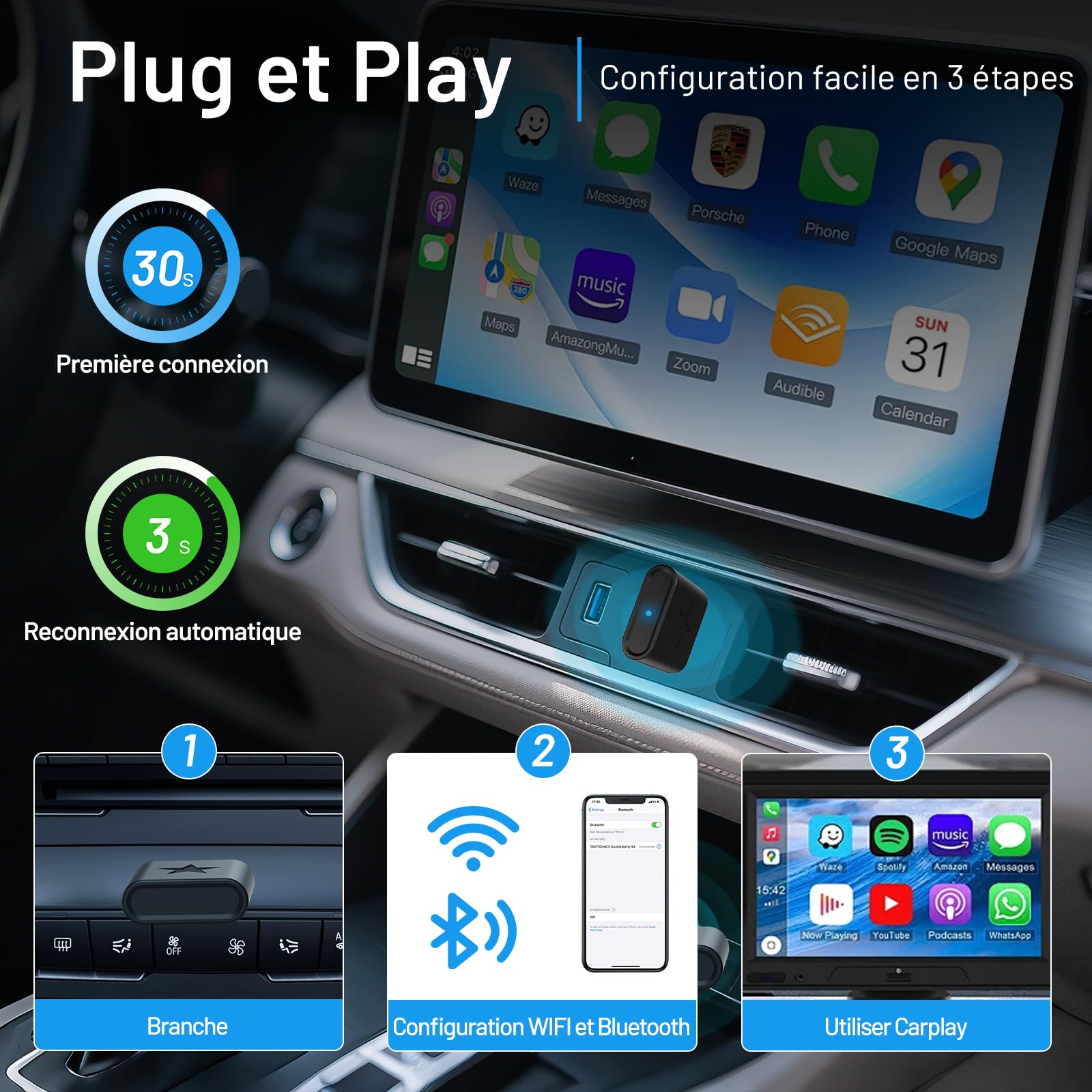 BEVA Adaptateur CarPlay & Android Auto sans Fil 2 en 1 | Mise à niveau 2026, iOS 10+/Android 10+, USB A/C Plug & Play, Pas de latence, Mini & Stable