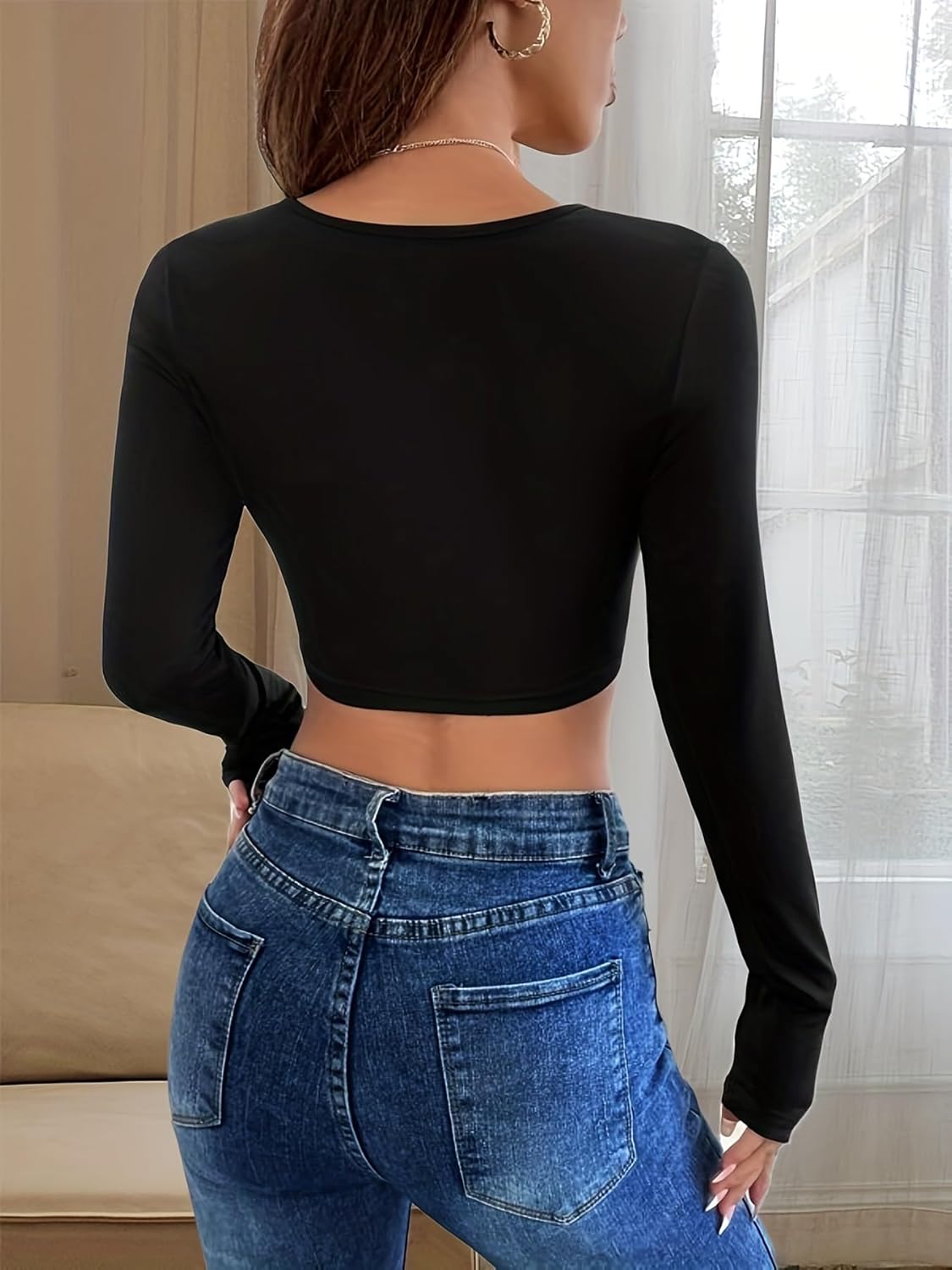 Womens Sexy Sweetheart Neck Wrap Cross Crop Top Slim Fitted Basic Long Sleeve Cropped T Shirts - Image 2