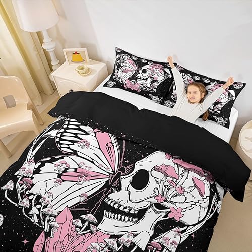 Miniatura 3 de Juego de funda de edredón de calavera de mariposa, tamaño individual, funda de edredón de hongos rosados, galaxia estrellada gótica, luna, juego de