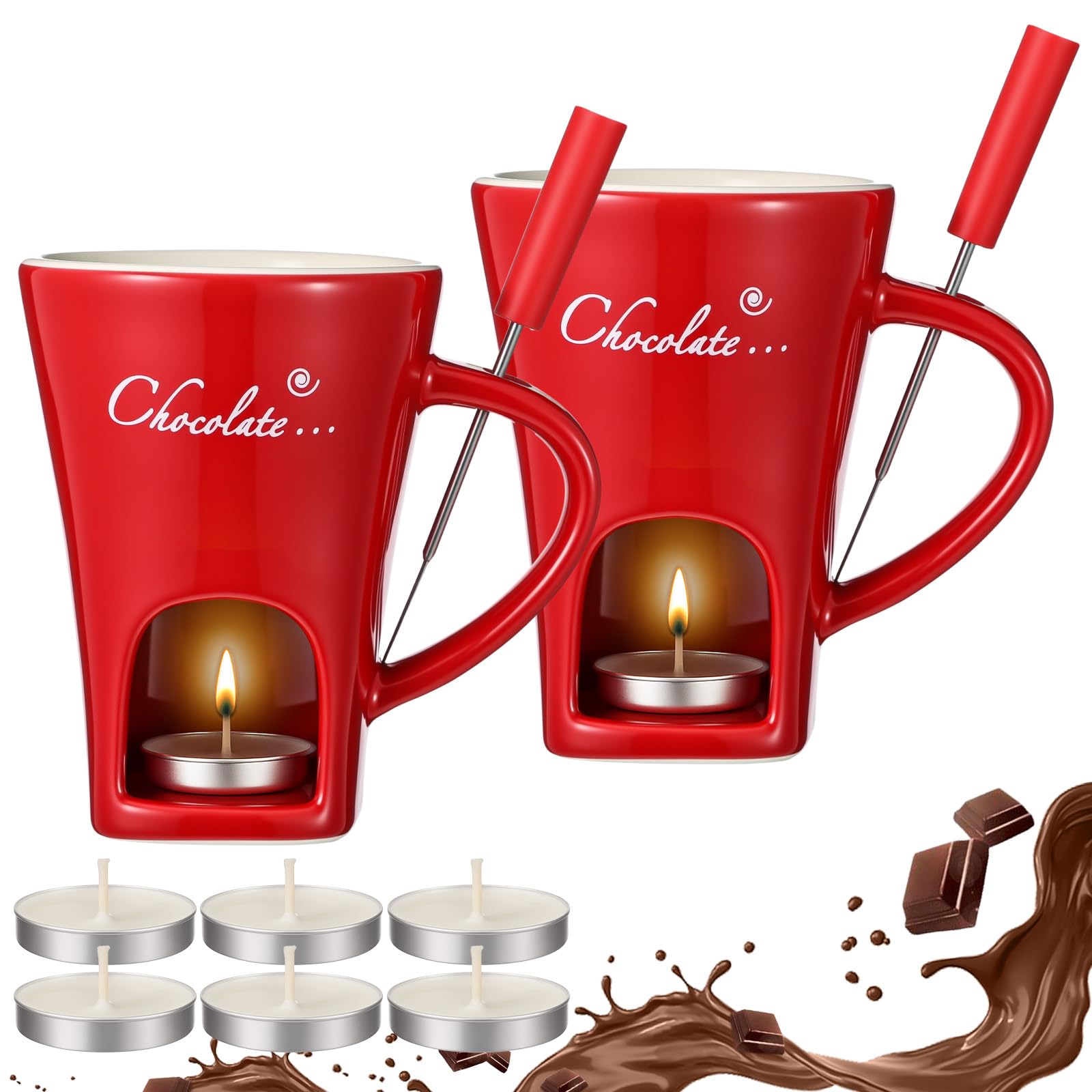 Honeydak 2 Set Chocolate Fondue Mug with Fork ＆ Candle, Red