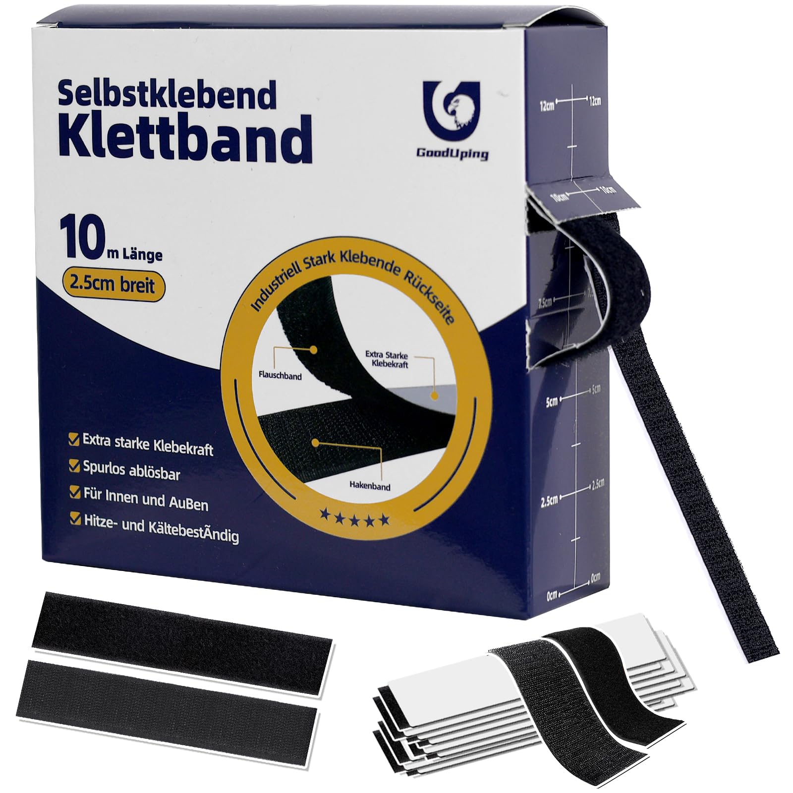 Klettband Selbstklebend, 25mm × 10m schwarz, Extra Stark Klettverschluss Selbstklebend, Doppelseitiges Klettband für Innen und Außen, klebe Klettband Klett Klebeband