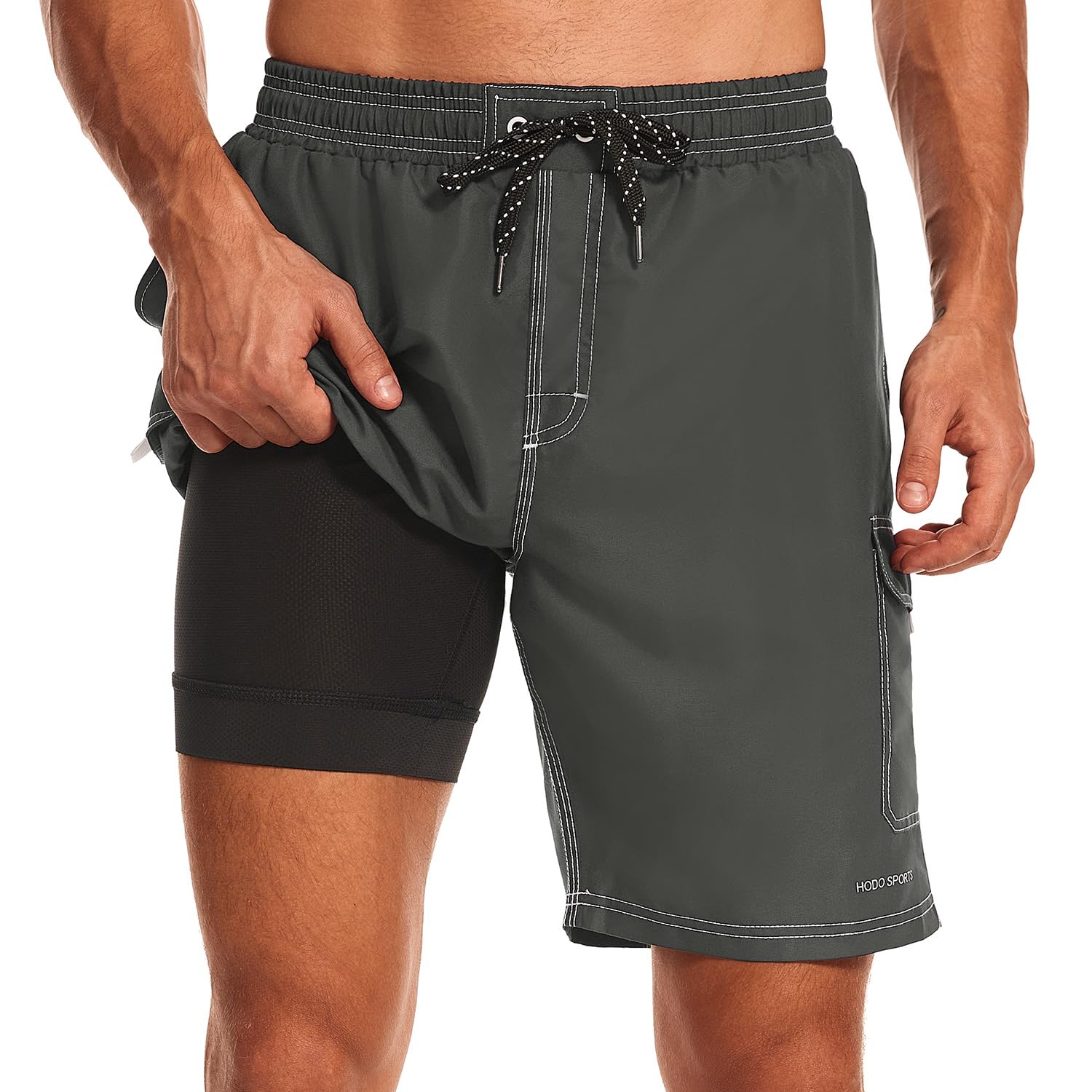 HODOSPORTSMens Swim Trunks with Compression Liner 9 inch Bathing Suit Quick-Dry Swim Shorts Cargo Pockets S-4XL