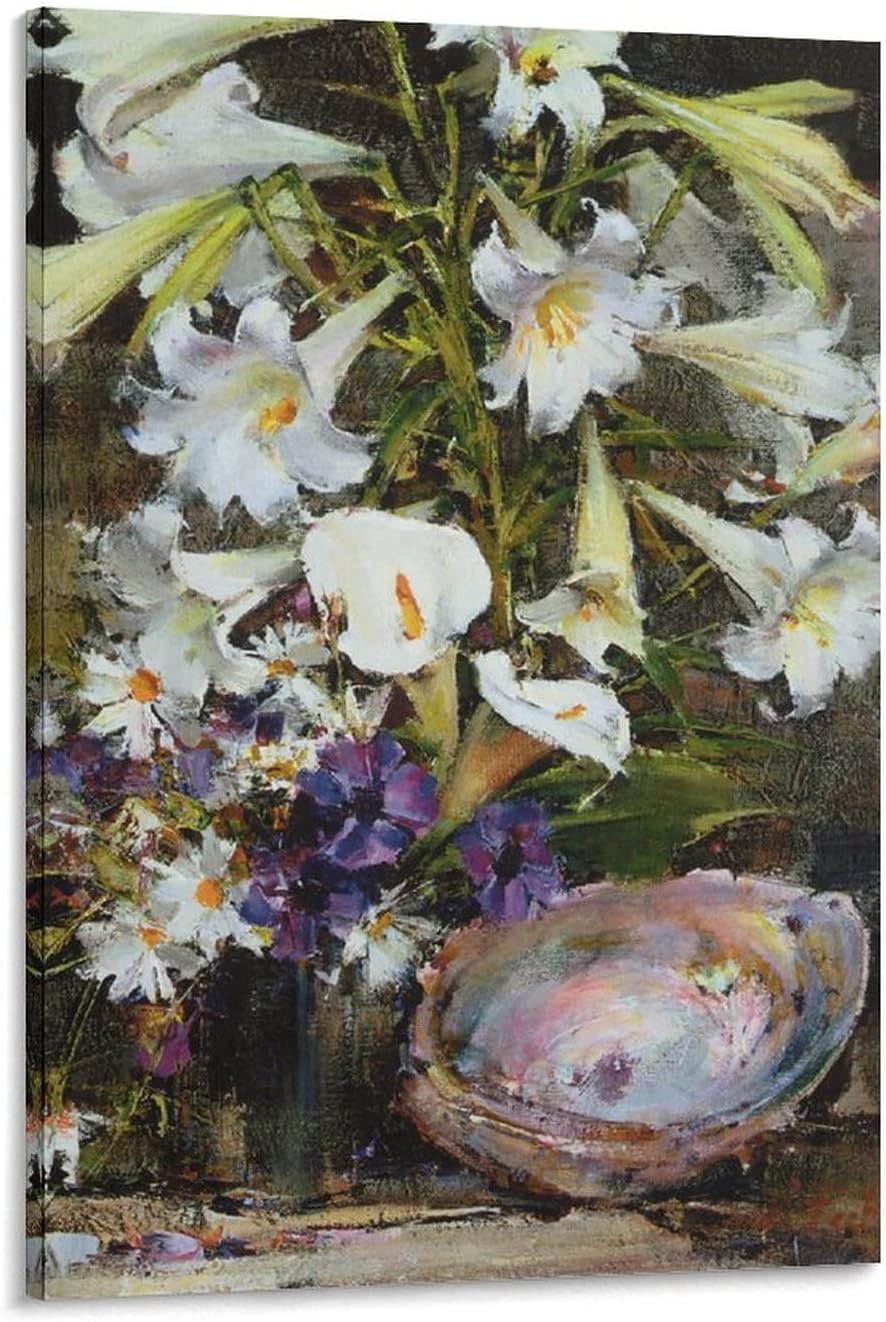 QUBOX Nikolai Fischen Realistic Oil Painting Calla Lily And Lily Flower Ornament Poster Painting Canvas Prints Bedroom Large Home Decor Wall Art Picture Canvas Wall 24x36inch(60x90cm)
