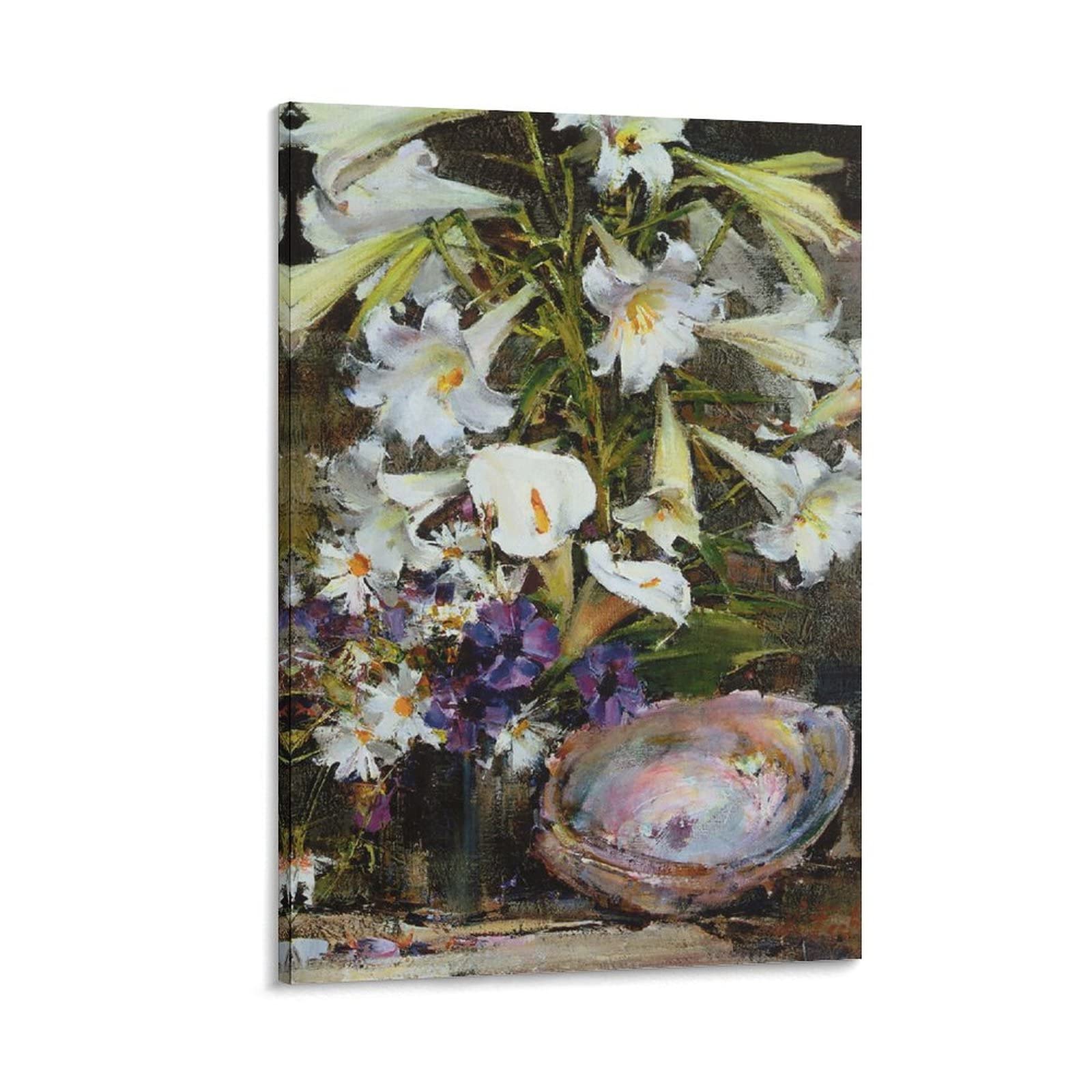 QUBOX Nikolai Fischen Realistic Oil Painting Calla Lily And Lily Flower Ornament Poster Painting Canvas Prints Bedroom Large Home Decor Wall Art Picture Canvas Wall 24x36inch(60x90cm)