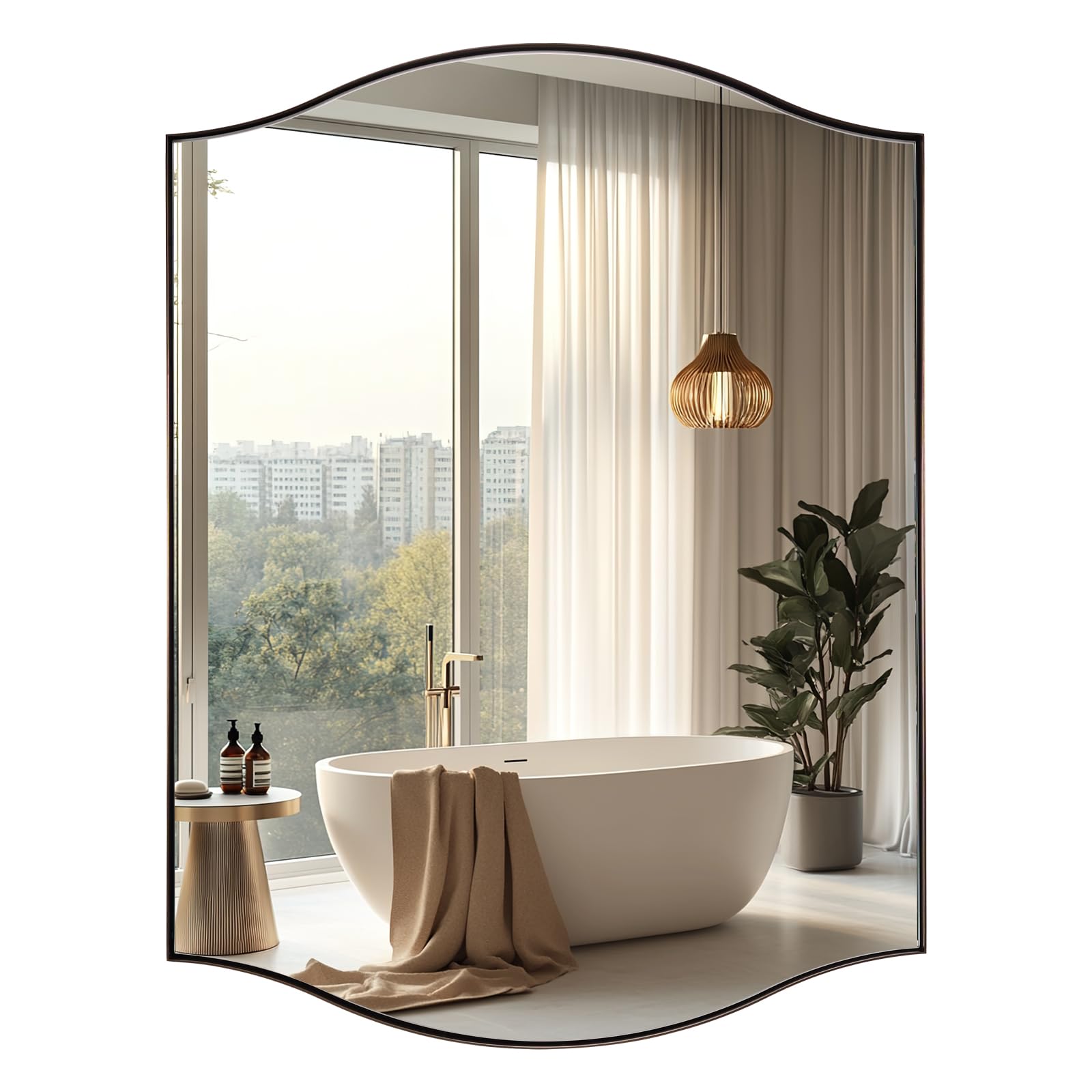 ANDY STAR 30"x40" Bronze Bathroom Mirror, Rectangle Scalloped Wall Mirror in Stainless Steel Metal Frame, Modern Brushed Bronze Finish with Curved Edge Design, Wall-Mount Mirror for Bathroom, Entryway
