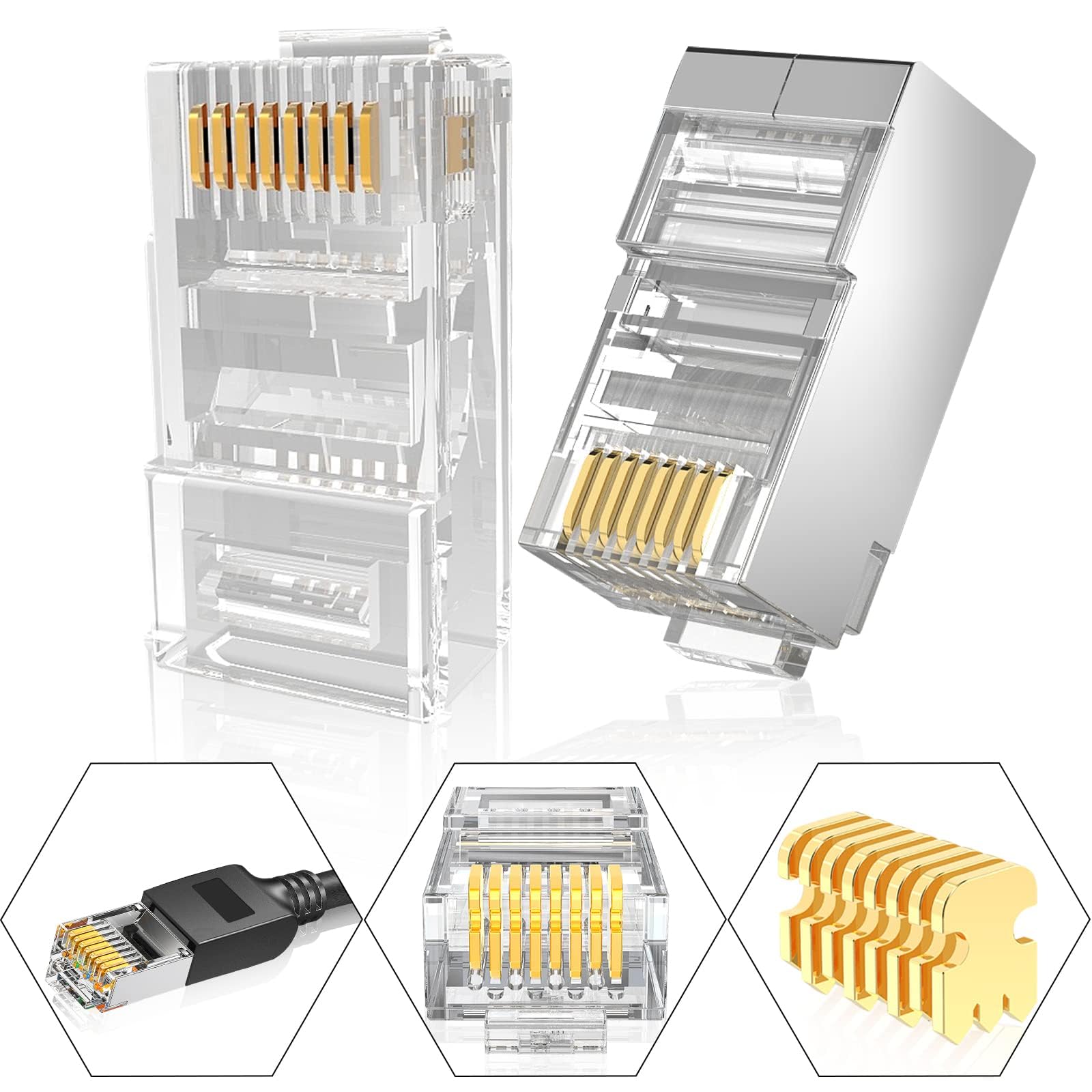 20 ekranowanych złączy RJ45, złącza zaciskane CAT5e CAT5 CAT6 CAT6e, złącza kablowe LAN UTP STP 50U ze złoconymi osłonami silikonowymi (biały)
