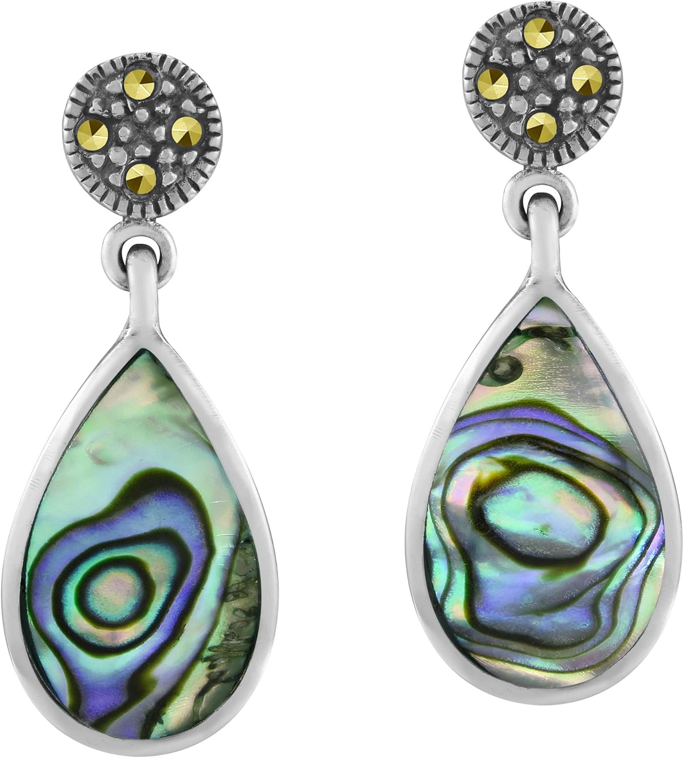 Vintage Elegance Abalone Shell and Marcasite Style Pyrite Teardrops .925 Sterling Silver Post Drop Earrings