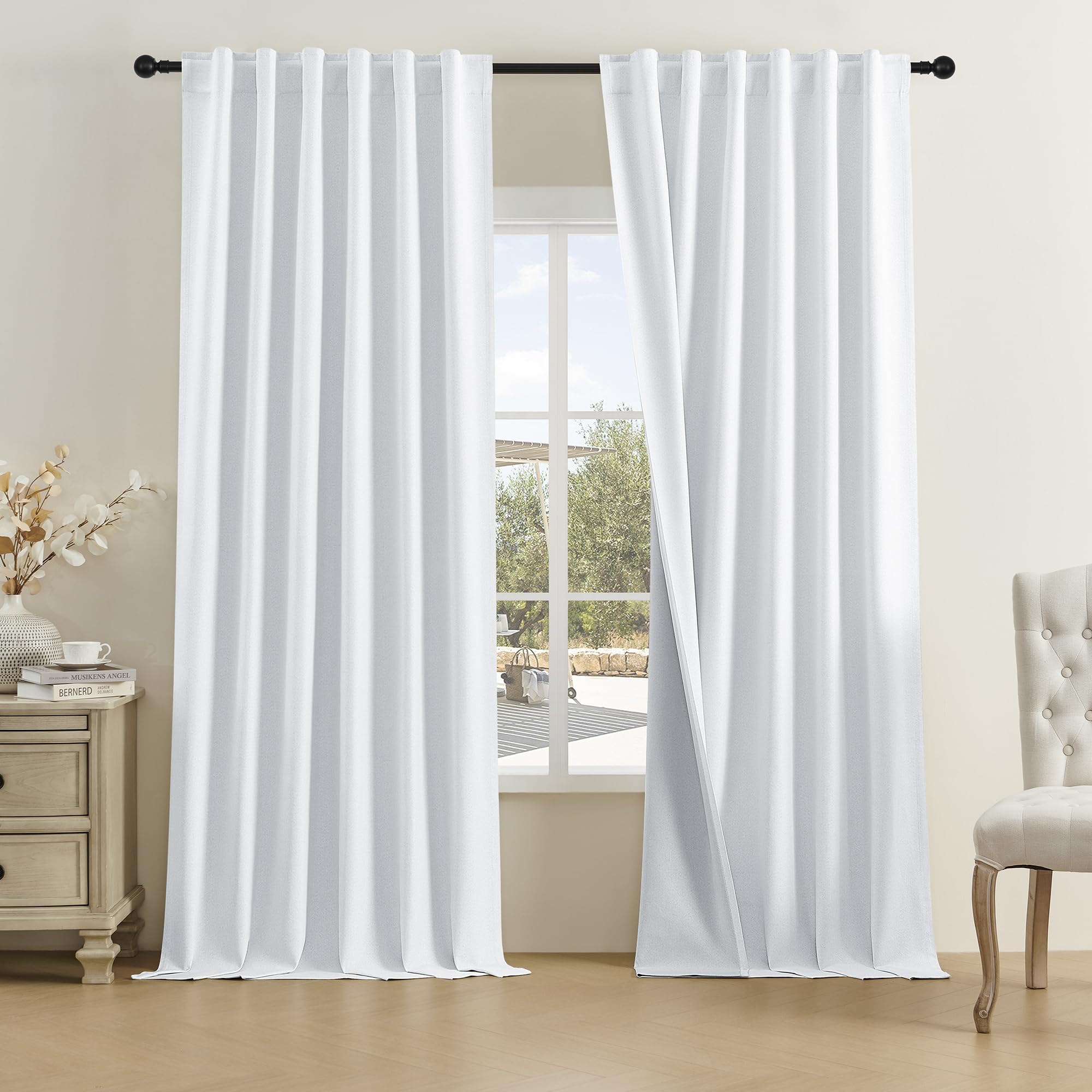 DUALIFE Greyish White Linen 100% Blackout Curtains 96 Inch Long,Light Blocking Privacy Protect for Master Bedroom Living Room Pinch Pleated/Rod Pocket