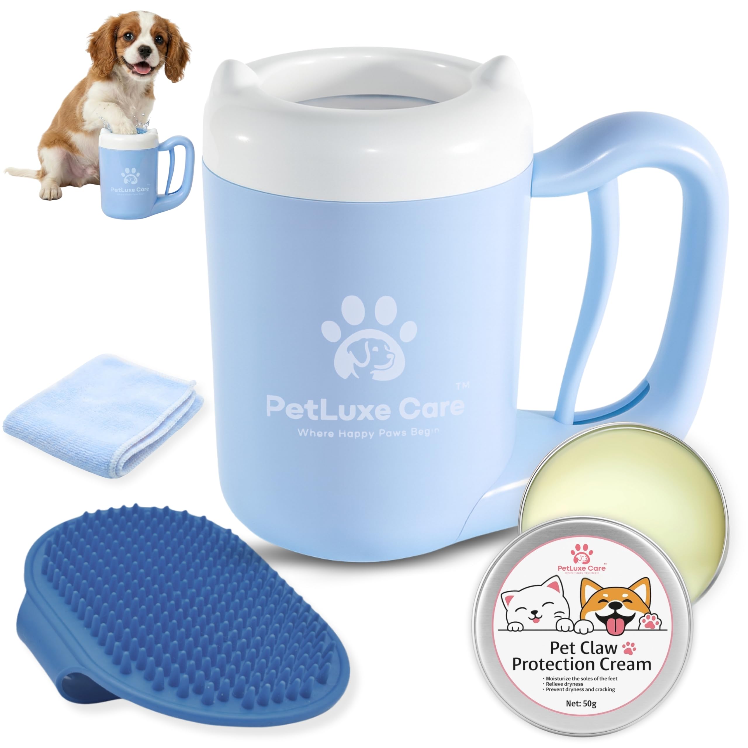 PetLuxe Care Dog Paw Washer Kit - Includes Paw Cleaner Cup, Towel, Pet Bath Brush & Moisturizing Balm - Dog Foot Washer for Muddy Paws, ideal for