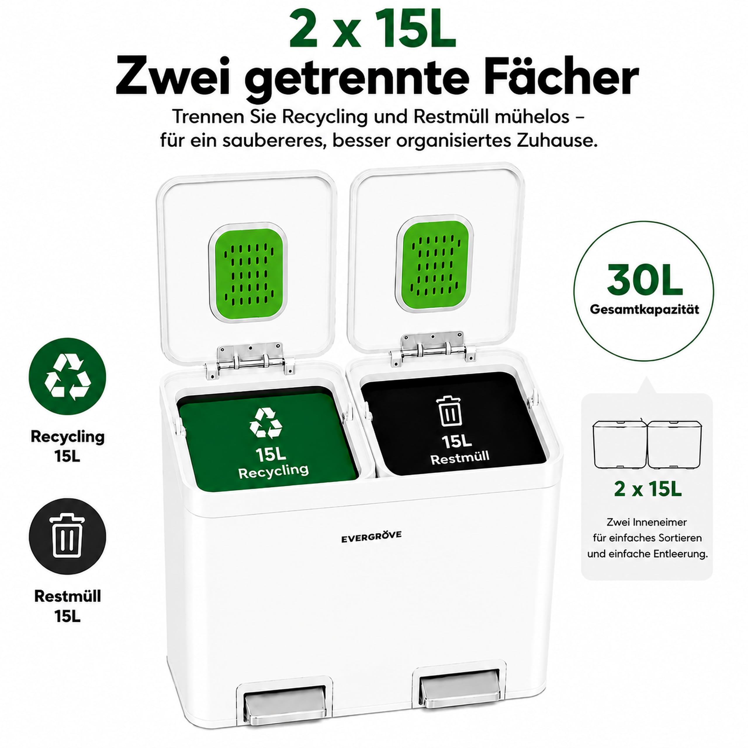 EverGrove 30-Liter-Mülltrennsystem, 2 x 15 L (Weiß) | Gehäuse, Deckel und Pedale aus Edelstahl; zwei PP-Inneneimer, sanft schließende Deckel und ein eingesetzter Geruchsfilter.
