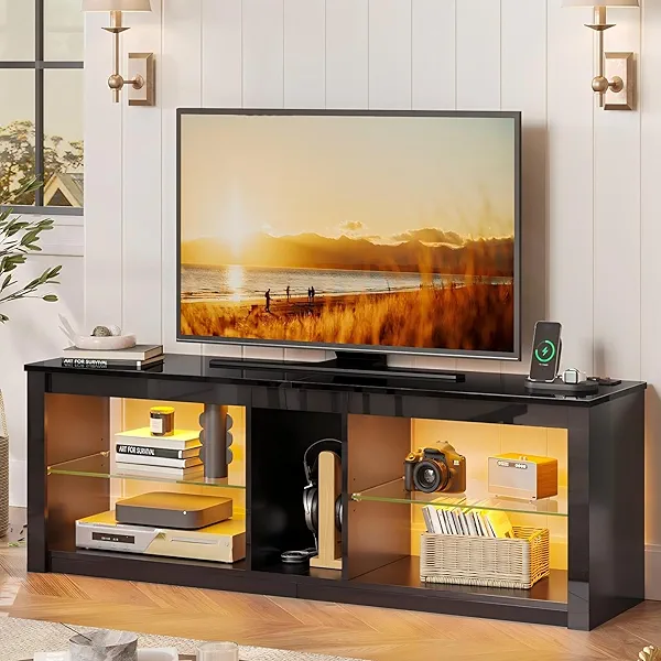 Bestier LED TV Stand for 55/60/65 Inch TV, Black High Gloss Entertainment Center with Power Outlet & Adjustable Shelves, Modern Gaming TV Console with Storage for Living Room Bedroom 55 Inch