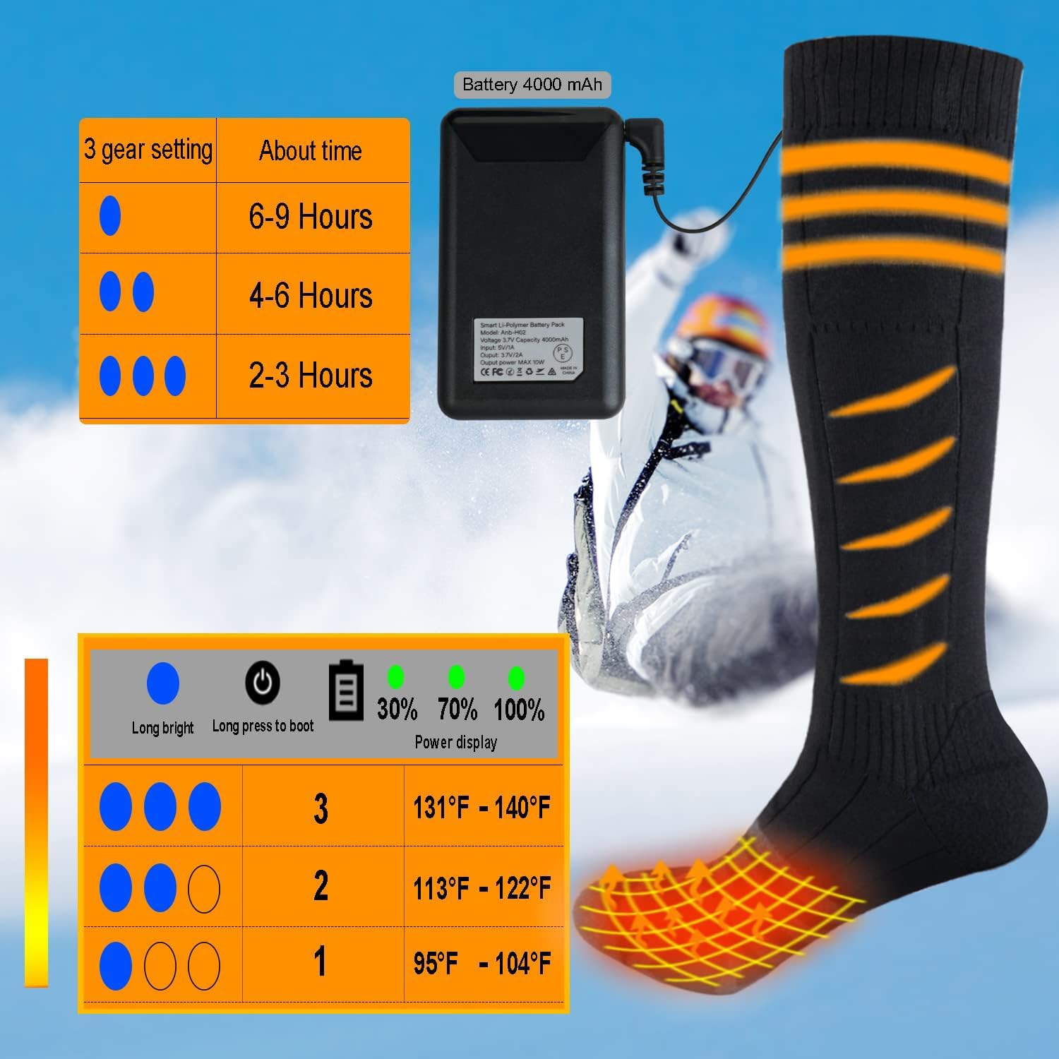 Calcetines Calefactables Recargables - 4 Temperaturas, Batería 8500mAh Para Senderismo, Esquí
