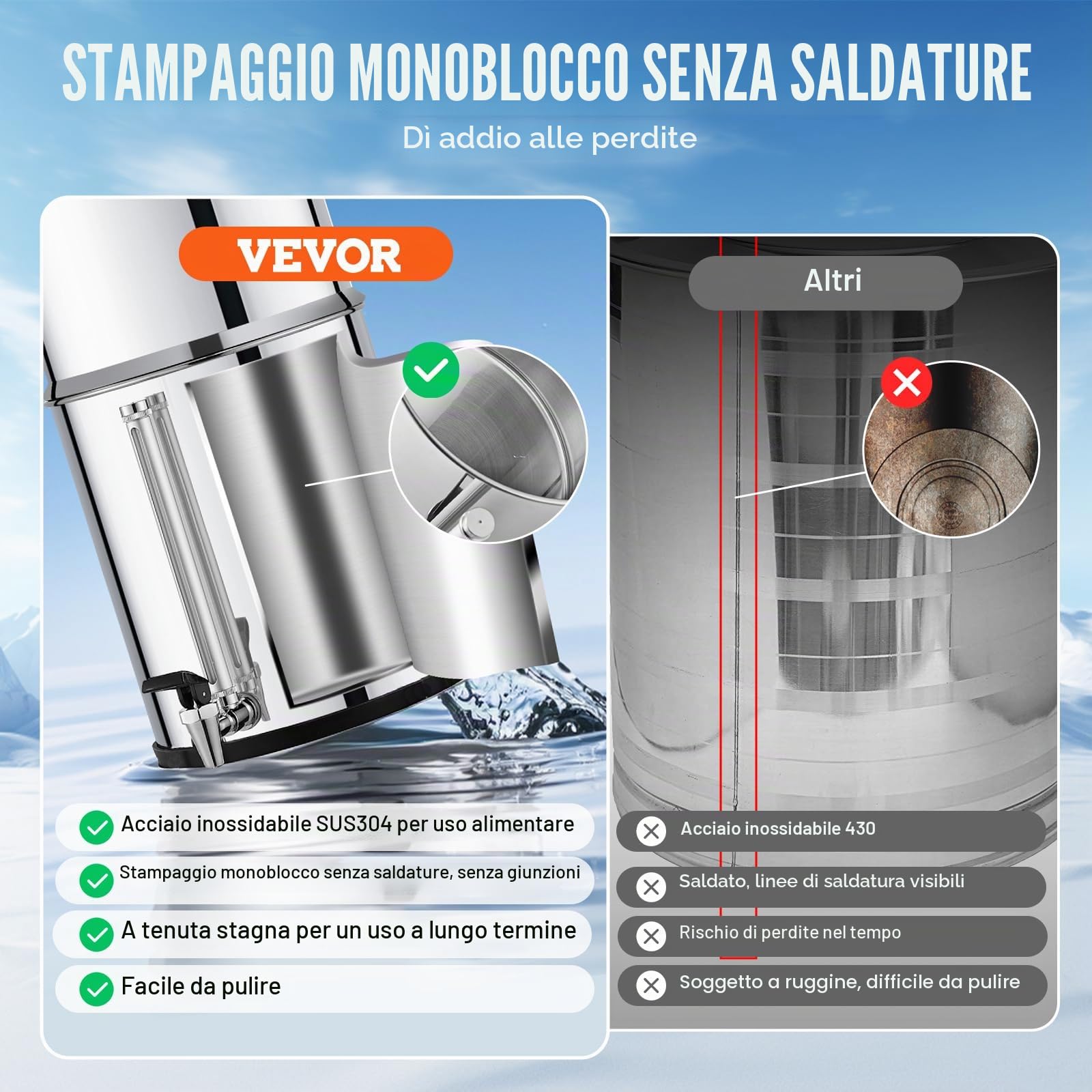 VEVOR Sistema di Filtraggio Acqua a Gravità Sistema da Banco in Acciaio Inox Sistema Filtraggio Acqua 7,8+8,5 L, Riduce Piombo e Cloro, con 2 Filtri al Carbone Ceramico e Rubinetto Camper Campeggio