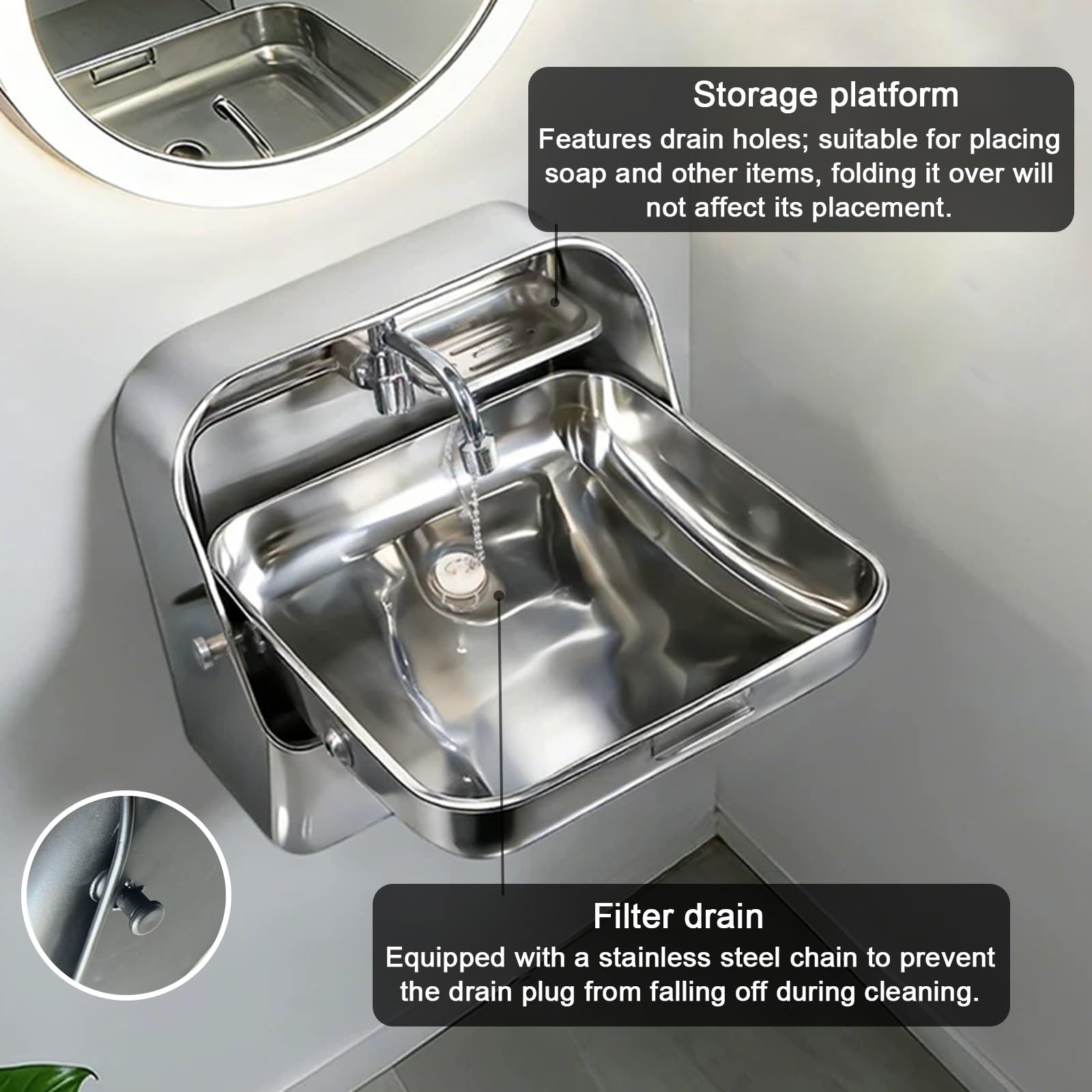 Fregadero Camper, Fregadero de Cocina, Jabonera, Grifo de Agua Fría, Acero Inoxidable 304, Montaje en Pared, Lavamanos(Black)