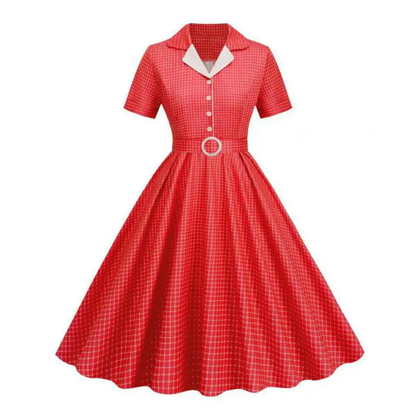 Robe midi trapèze élégante rouge à imprimé écossais avec ceinture taille L